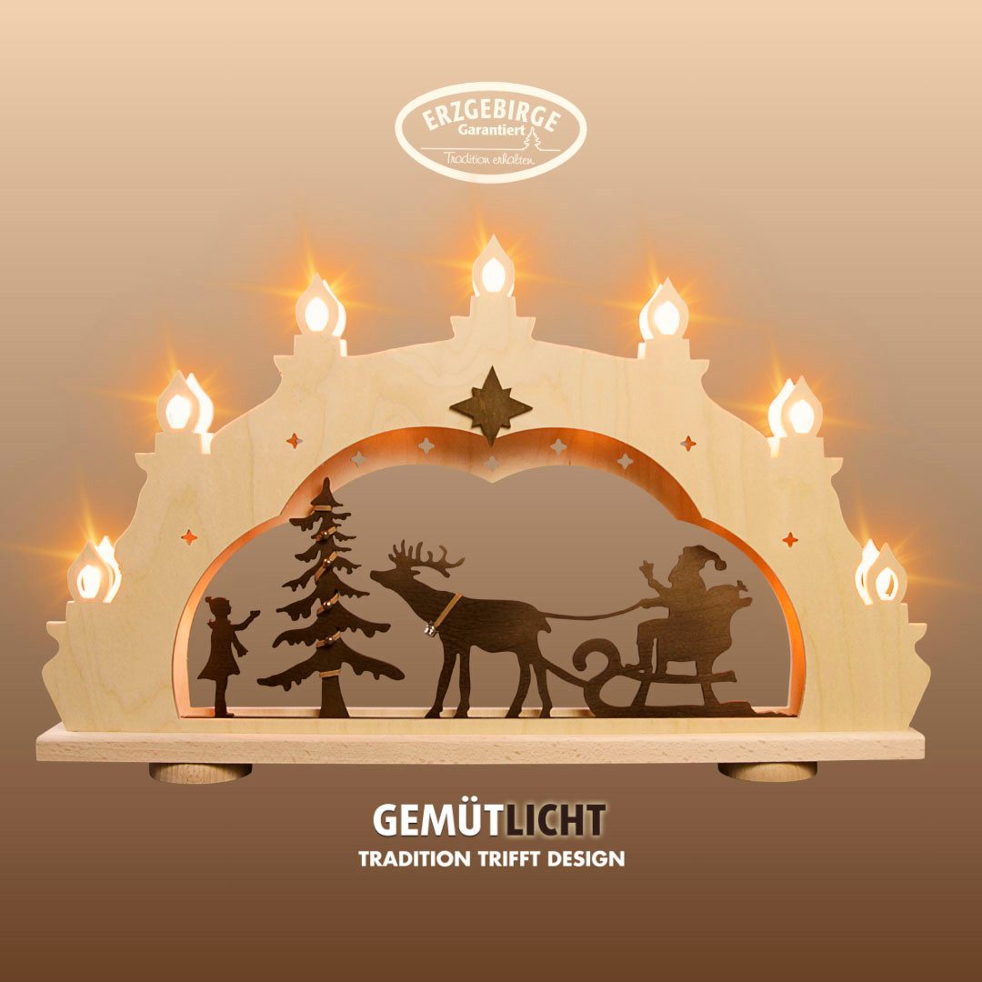 LED Schwibbogen Weihnachtsmann auf Schlitten, Lichterbogen, Holz, Made in Germany