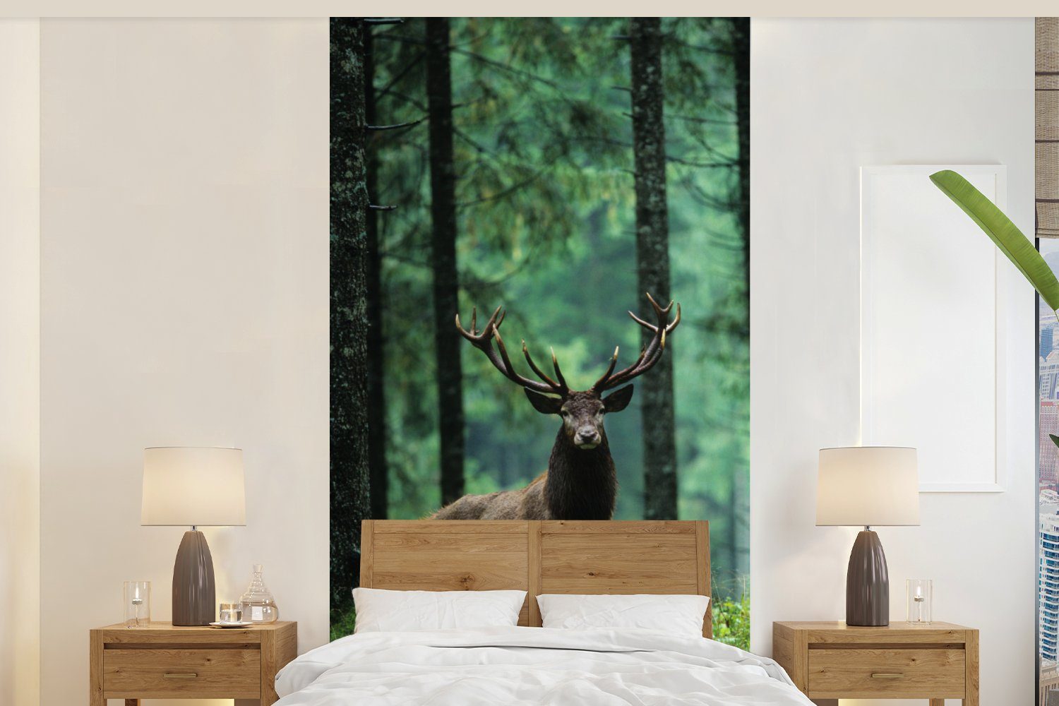 Fototapete Hirsche Tiere - - Schlafzimmer Bäume - bedruckt, St), Vliestapete MuchoWow - Wohnzimmer (2 Matt, Wald Küche, für Natur, Fototapete