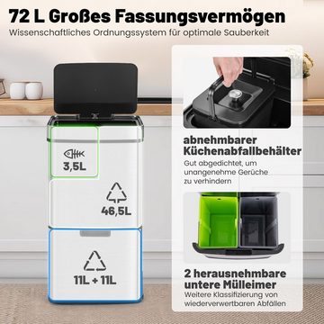 COSTWAY Mülltonnenbox, 72L(2x11L + 3,5L + 46,5L) mit Sensor, sanft Verschluss
