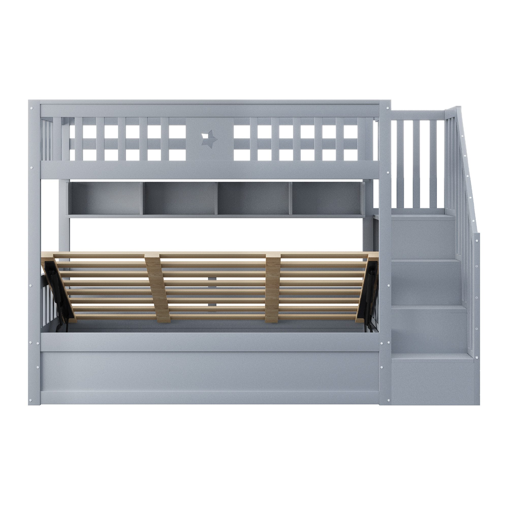 Merax Etagenbett mit hydraulischem Unterbett (1-St., Stockbett Jugendbett Doppelbett Hochbett aus Massivholz), Kinderbett 90x200cm mit Stauraumtreppe, Regalen & – Bild 5 von 5