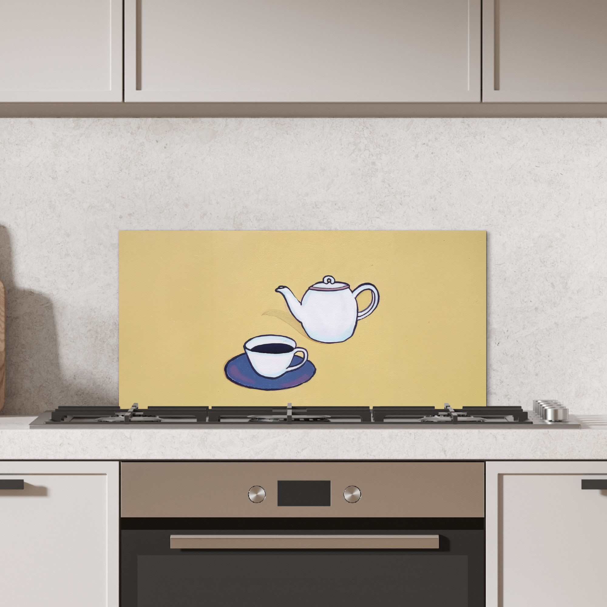 KitchenYeah Küchenrückwand Teekanne - Tasse - Beige - Illustration, (1-tlg), Spritzschutz Küchenrückwand, Wandschutz, 60x30 cm