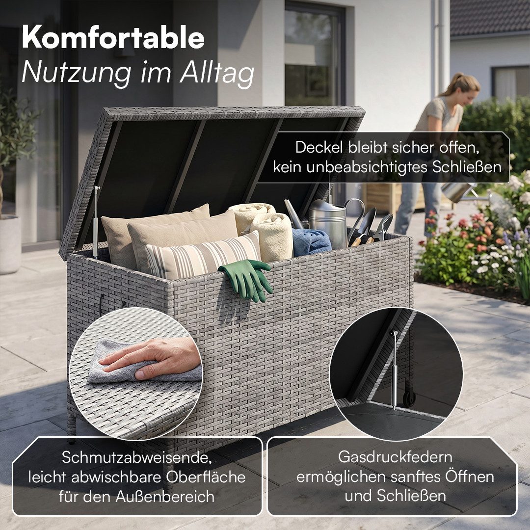 STEELSØN Aufbewahrungsbox Serion Gartenkiste aus Polyrattan (grau, 110 x 55 x 60 cm, mit Rollen), herausnehmbare Innenplane, wetterfeste Gartenbox mit Metallges – Bild 5 von 5