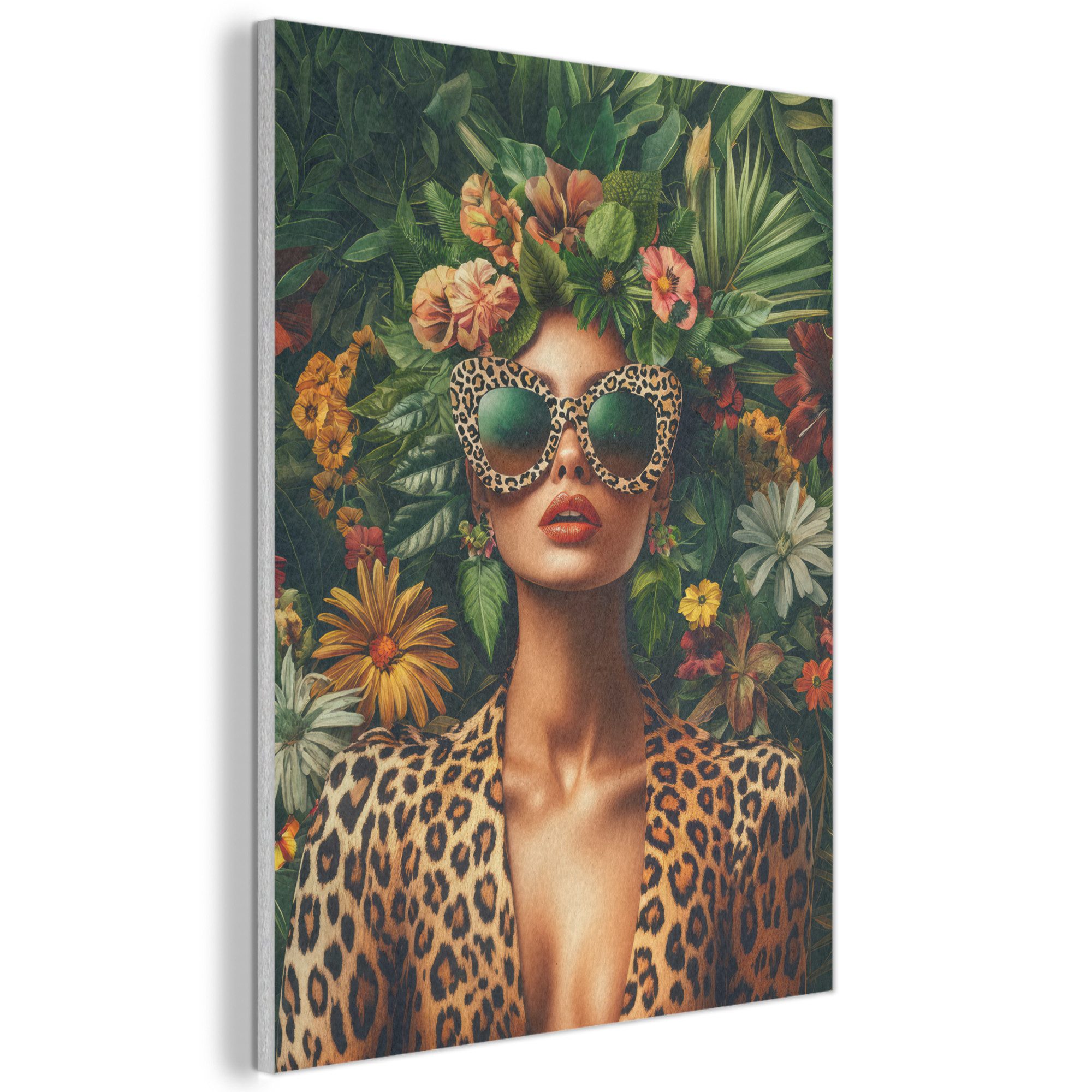 MuchoWow Gemälde Frau - Pantherdruck - Dschungel - Natur - Luxus, Fotodruck (1 St), Akustikpaneele, Wandpaneele, Schalldämmung, Akustikbilder 30x40 cm