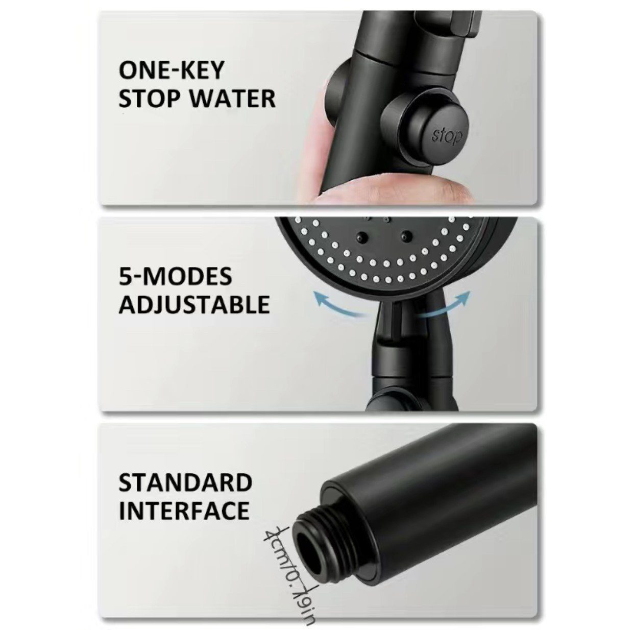 DENU-Home Handbrause 5 Schwarz, Strahlarten Handbrause Duschbrause wassersparend, 5-Hochdruck-Strahlarten mit Bad