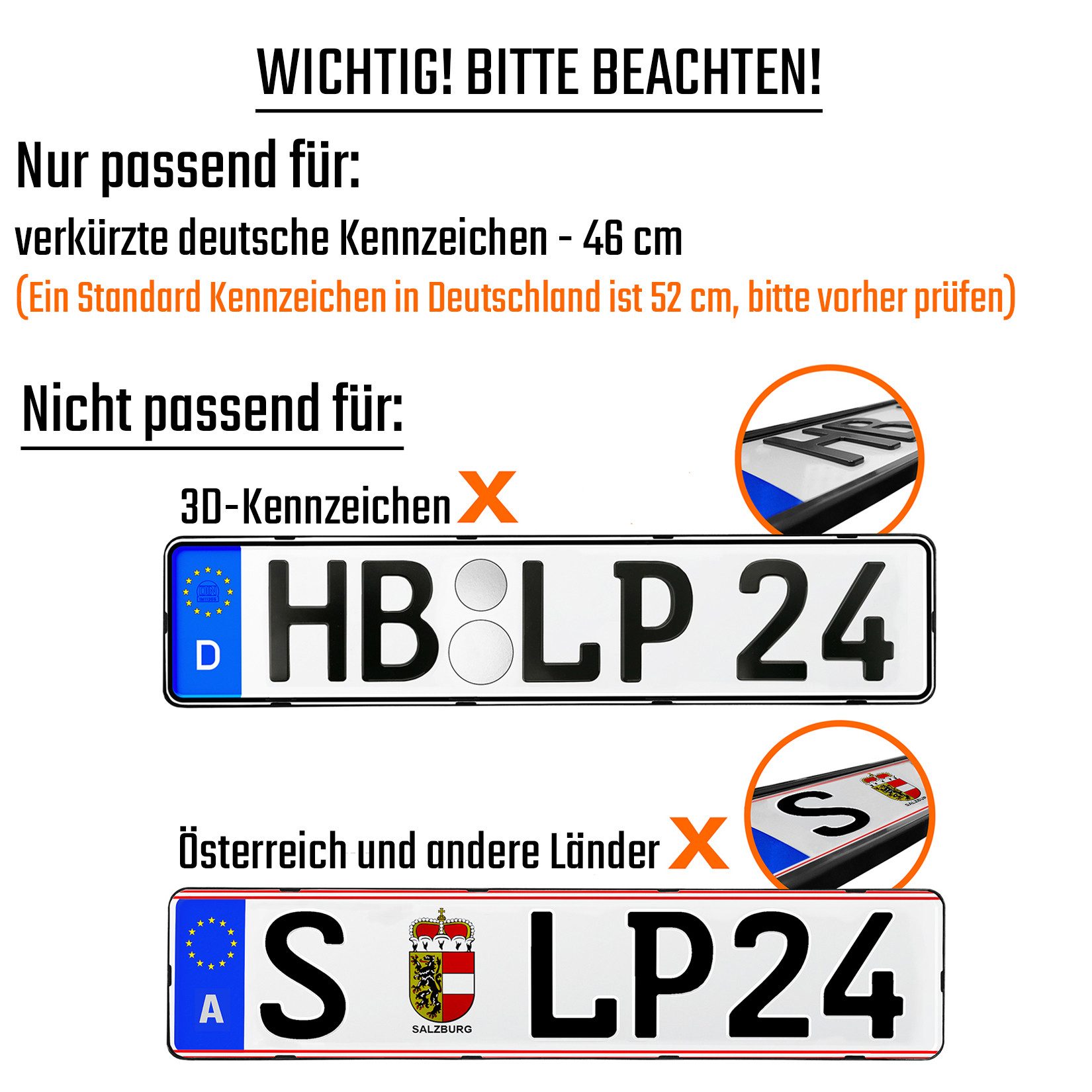 L & P Car Design Kennzeichenhalter 460mm für Auto rahmenlos Schwarz dezent sicher langlebig, (2-St)