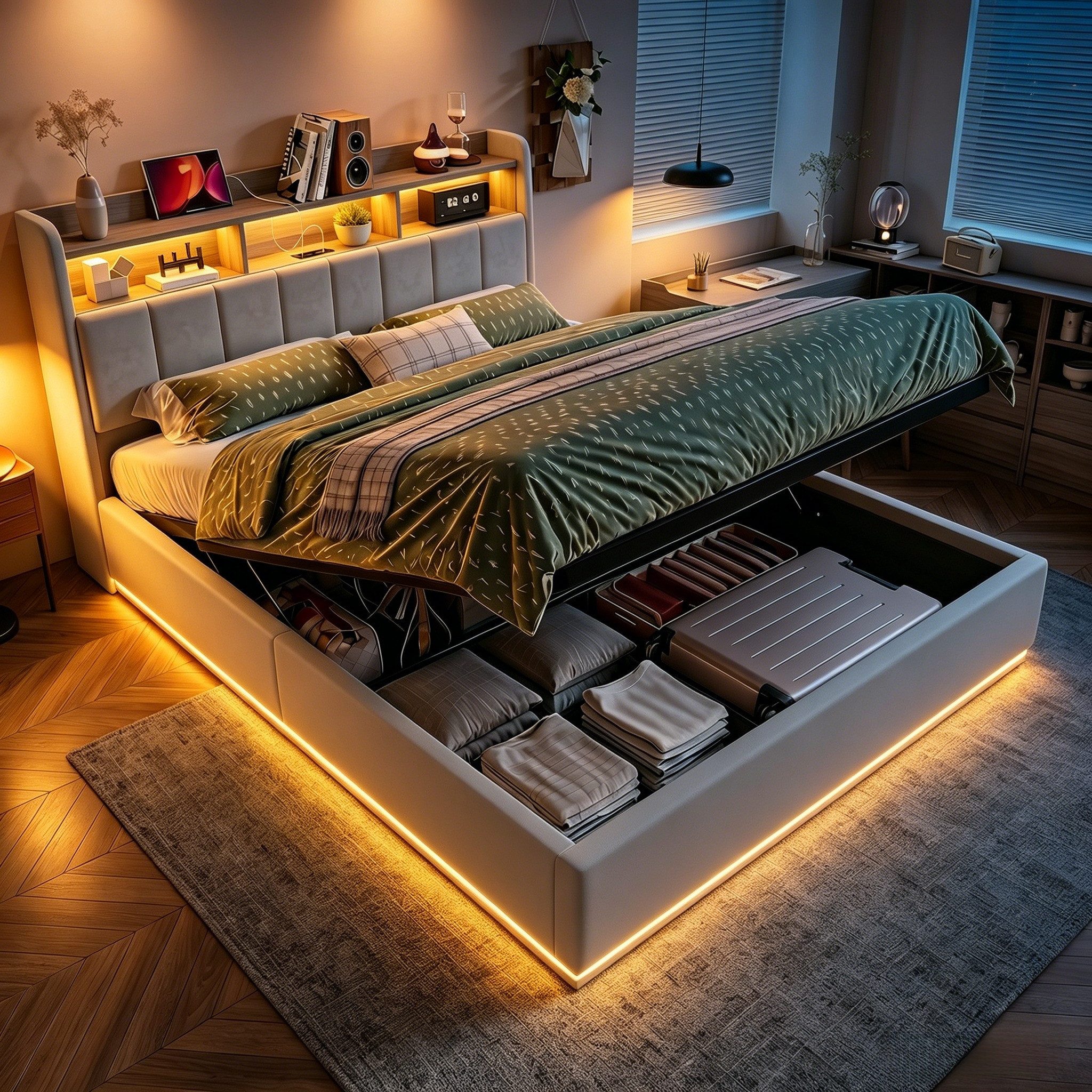 Furnishings Home Polsterbett Stauraumbett Doppelbett LED, Hydraulisch anhebbarer Stauraumbett (Mit Lattenrost und Ladefunktion, Leinenmaterial Polsterbett), Mit LED Beleuchtung, Lattenrost, Samt, 160x200 cm
