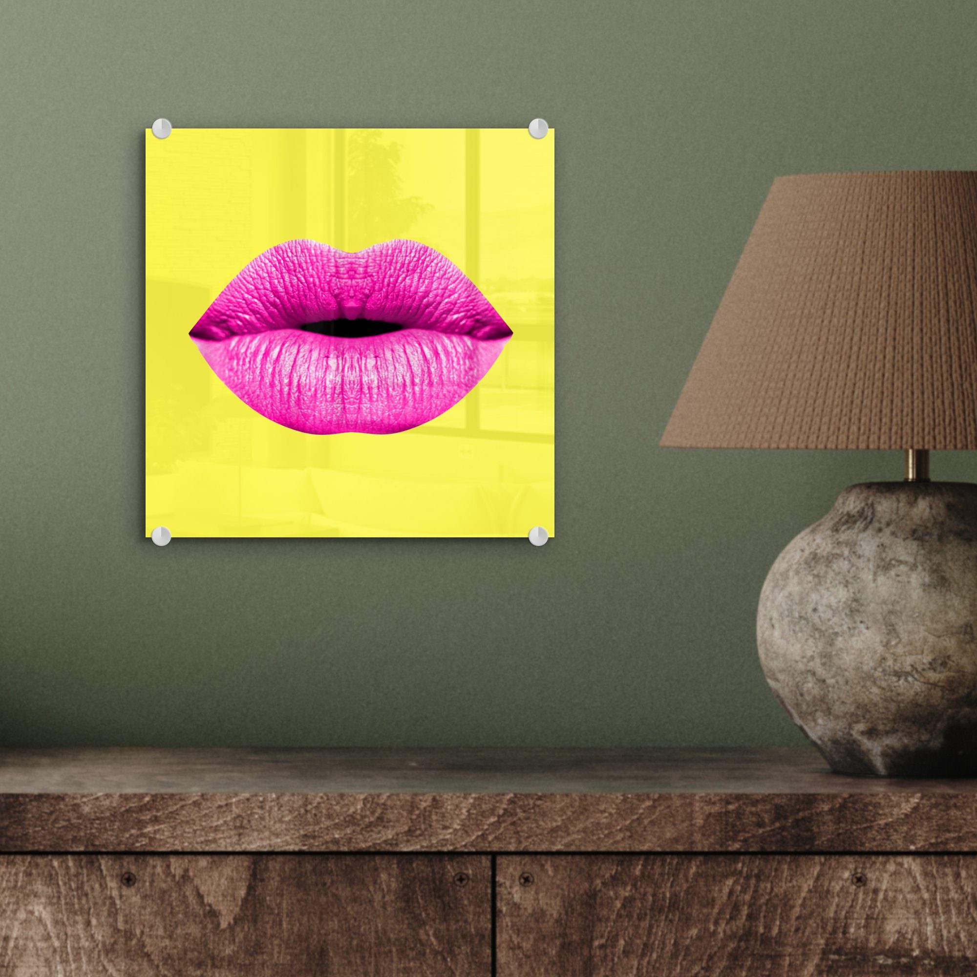 auf - - Lippen - Rosa Wanddekoration - Bilder Acrylglasbild St), Gelb, - auf MuchoWow Wandbild (1 Foto Glas Glasbilder Glas