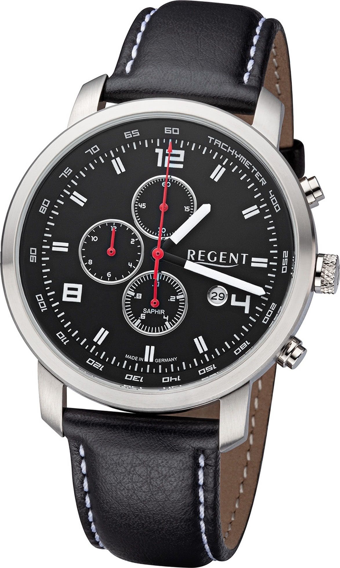 Regent Quarzuhr Regent Herren Armbanduhr Analog, Herrenuhr Lederbandarmband schwarz, rundes Gehäuse, groß (ca. 44mm)