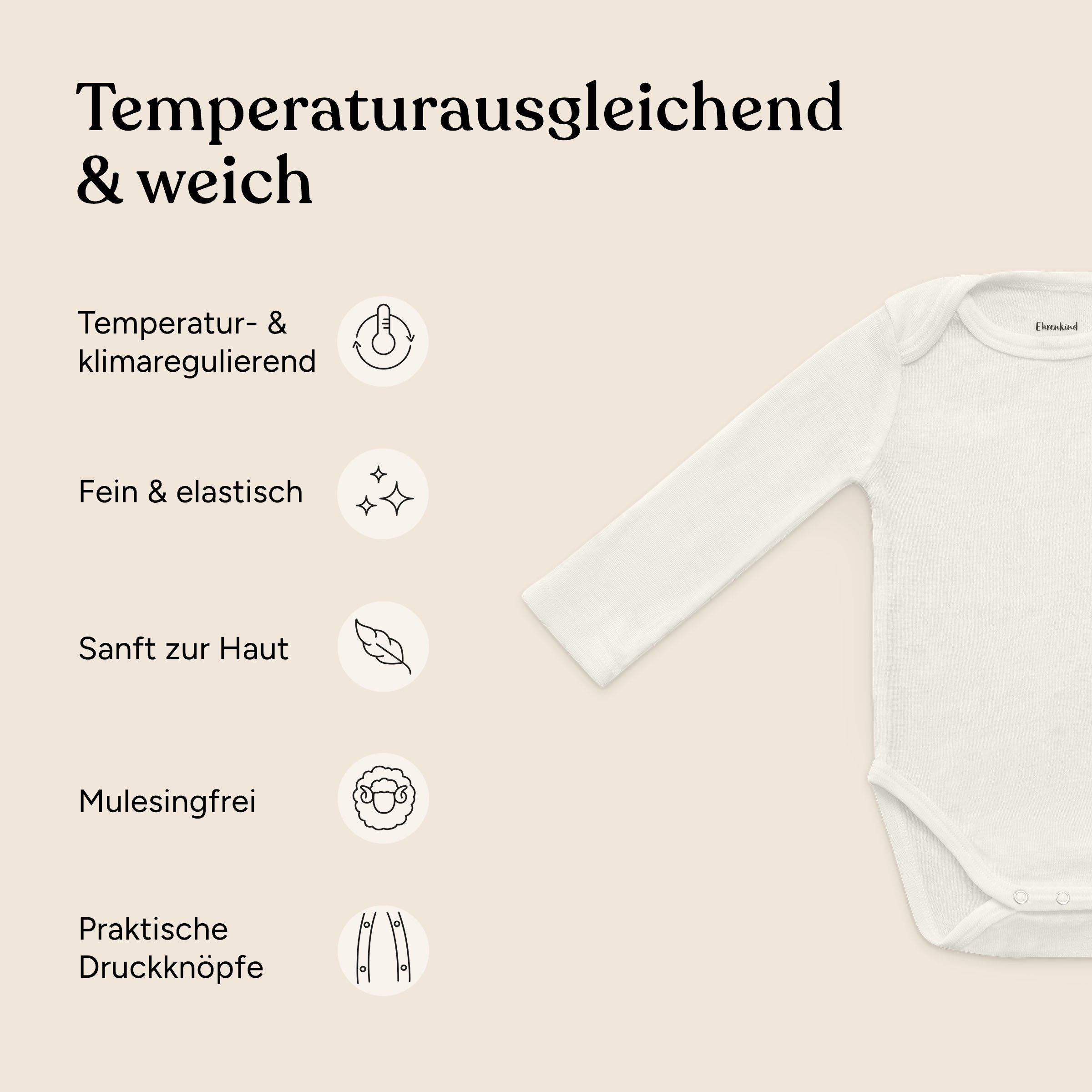 Ehrenkind Langarmwickelbody aus Merinowolle in Schlupfform (Ganzjährig tragbar, temperaturregulierend, weich, pflegeleicht, atmungsaktiv) Nickelfreie Druckknöpfe, Mulesingfrei
