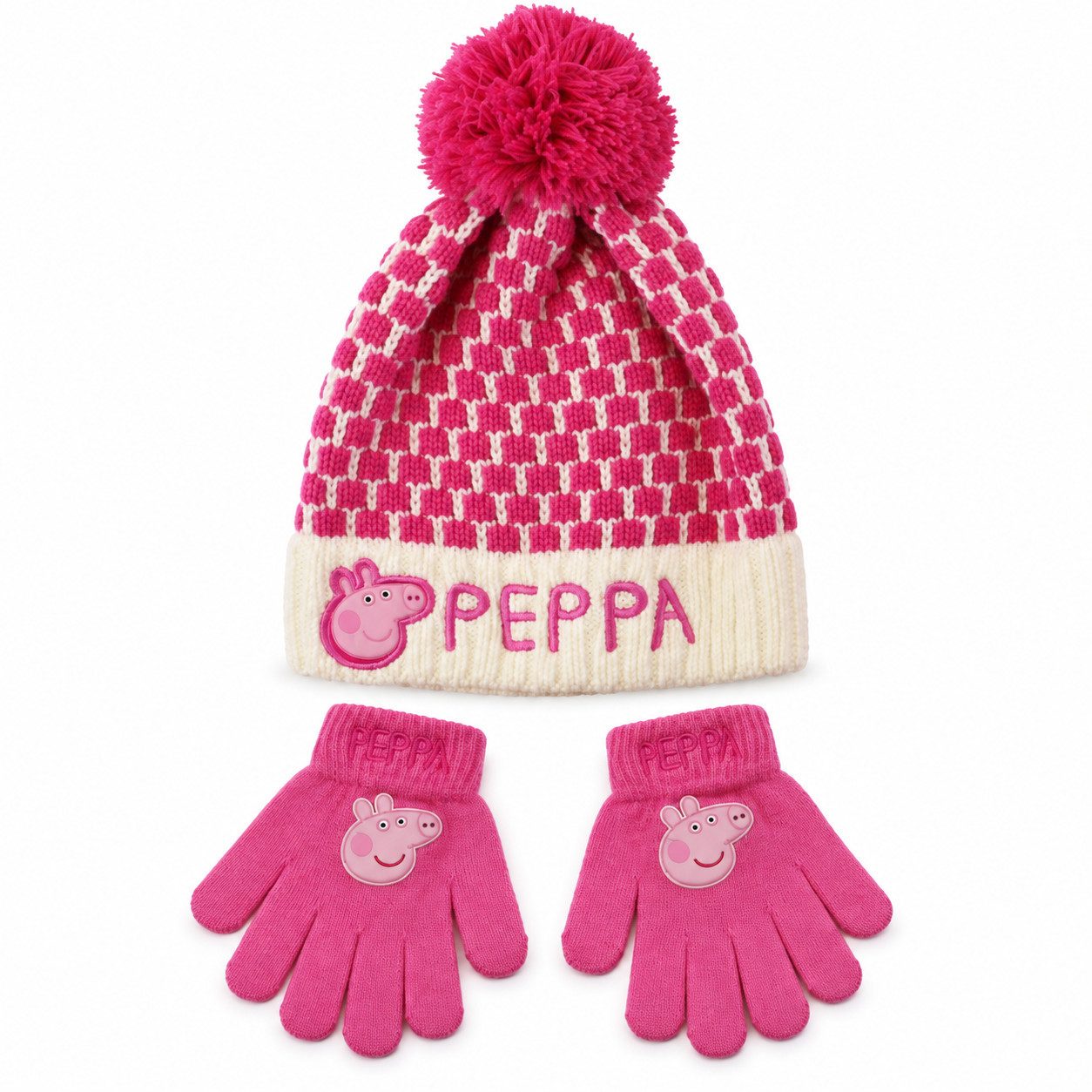 Peppa Pig Bommelmütze Peppa Wutz Pig 2er Set Kinder Wintermütze Mütze plus Handschuhe (Spar-Set) Gr. 52 bis 54