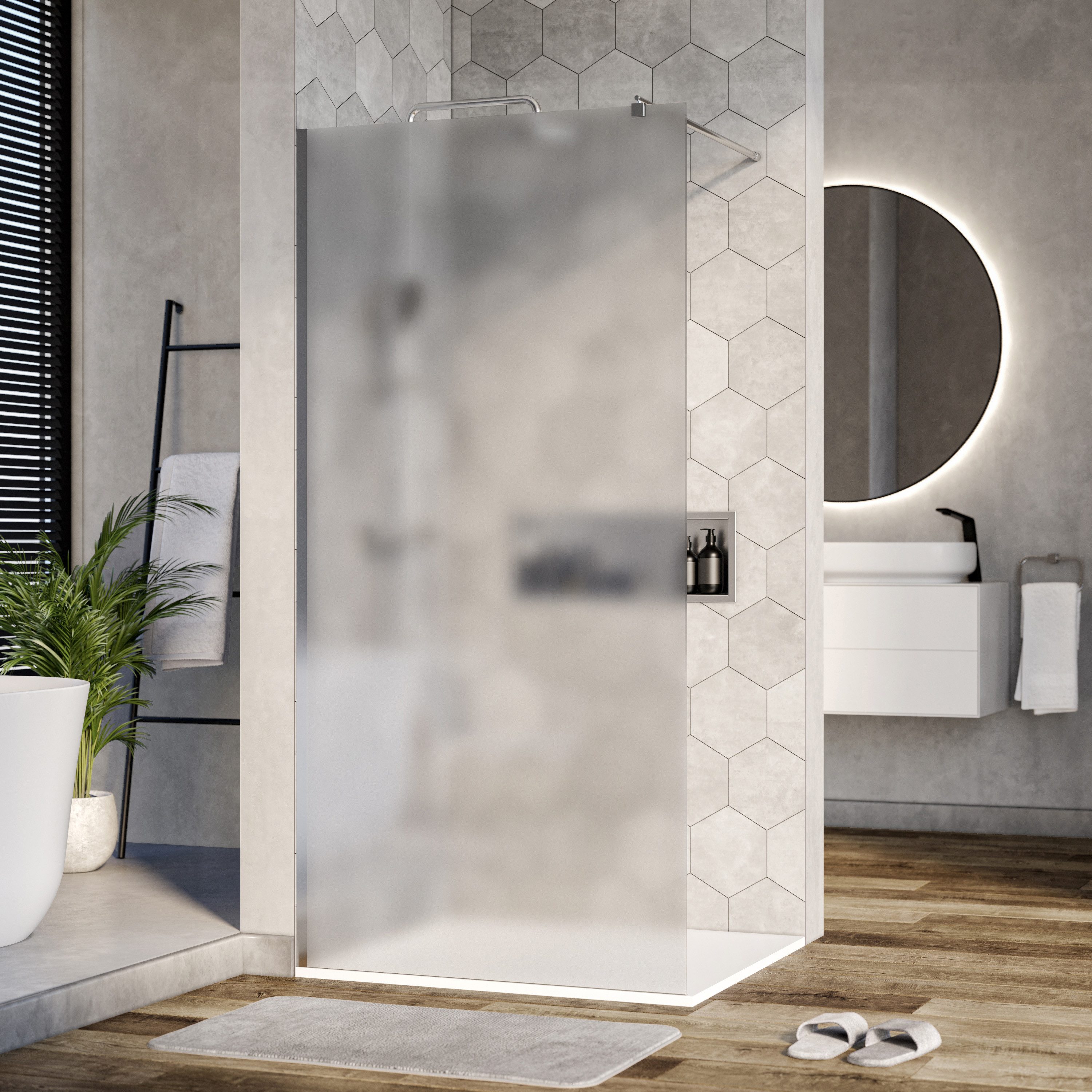 Bernstein Walk-in-Dusche EX101, Einscheibensicherheitsglas (ESG), (1 tlg), Milchglas, 10 mm, rahmenlos, Profil Chrom