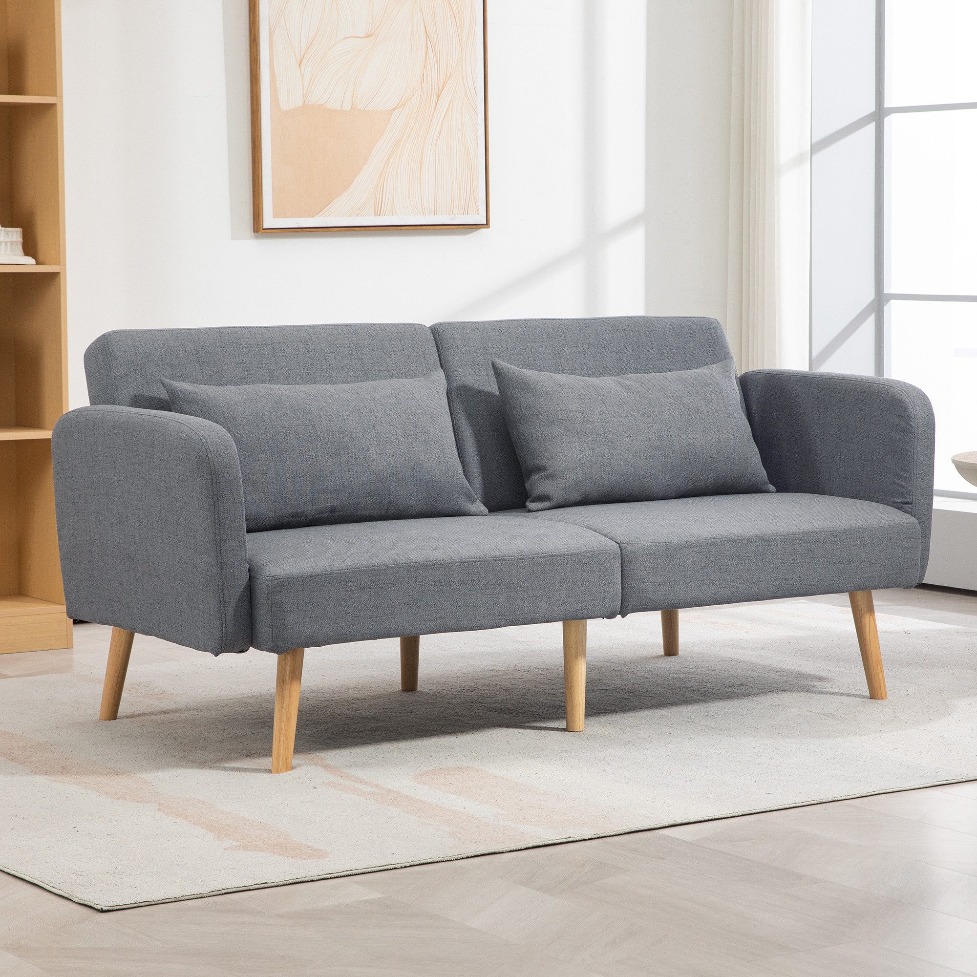 HOMCOM Schlafsofa 3-Sitzer-Sofa, Bettfunktion, verstellbare Armlehne, Leinenoptik, Polstersofa 1 Teile, für Wohnzimmer, Schlafzimmer, Grau