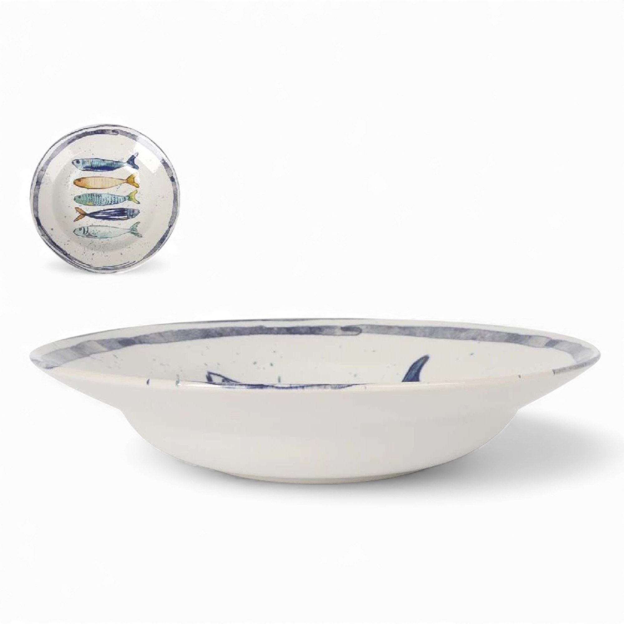 WestCraft Speiseteller Teller, mediterran mit Sardinen-Motiv, Maritime Pastateller 29 cm, (4 St), 4er Set, hochwertig und robust - langlebig und vielseitig einsetzbar