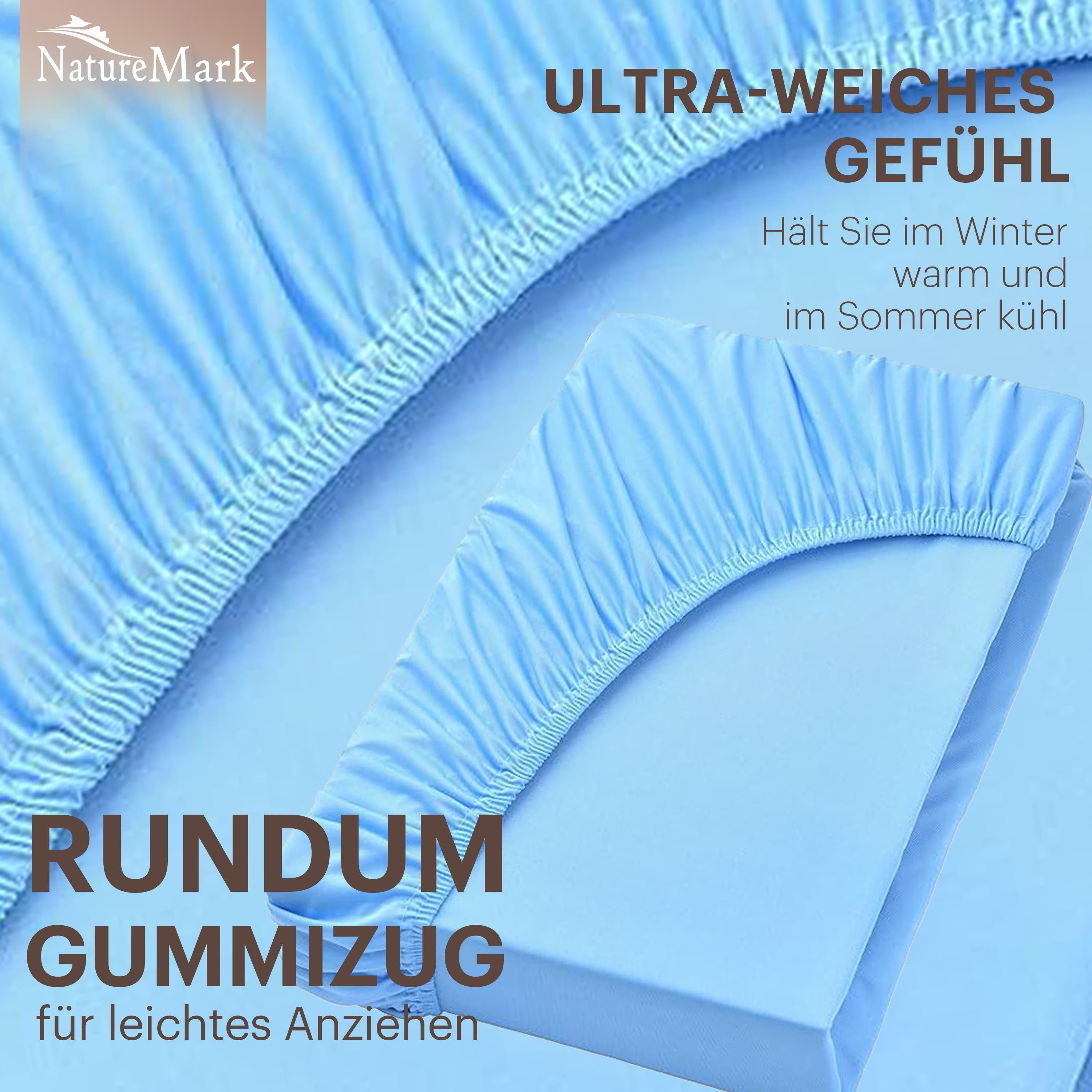 NatureMark Spannbettlaken Boxspringbett Spannbetttuch 200x220cm, Baumwolle, Gummizug: rundum, (1 Stück), 40 cm Steghöhe - 200 x 220cm Spannbetttuch, Hell blau – Bild 5 von 5