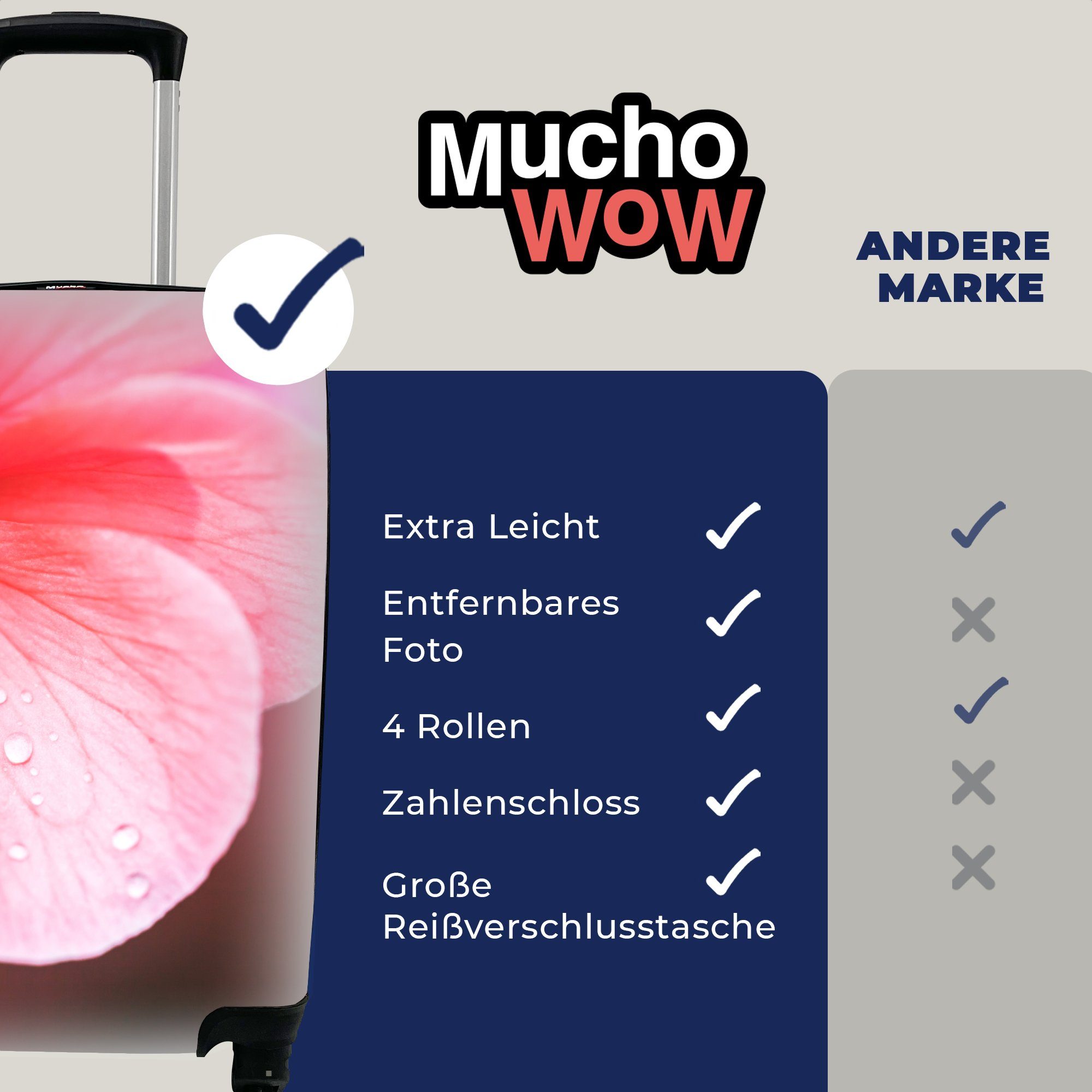 MuchoWow Handgepäckkoffer Wassertropfen Trolley, Reisetasche 4 mit auf Handgepäck der rosa rollen, Rollen, Reisekoffer Geranie, Ferien, für