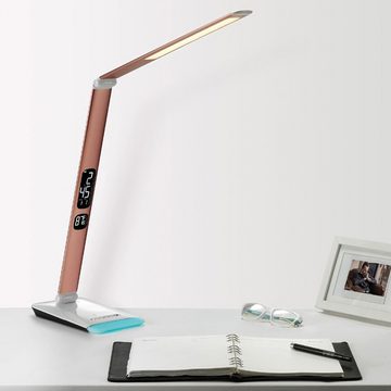 EAXUS LED Schreibtischlampe LED Schreibtischlampe mit RGB-Farbwechsel - Dimmbar, LED fest integriert, mit Touch-Funktion, Uhr, Kalender & Temperaturanzeige, Kupferfarben