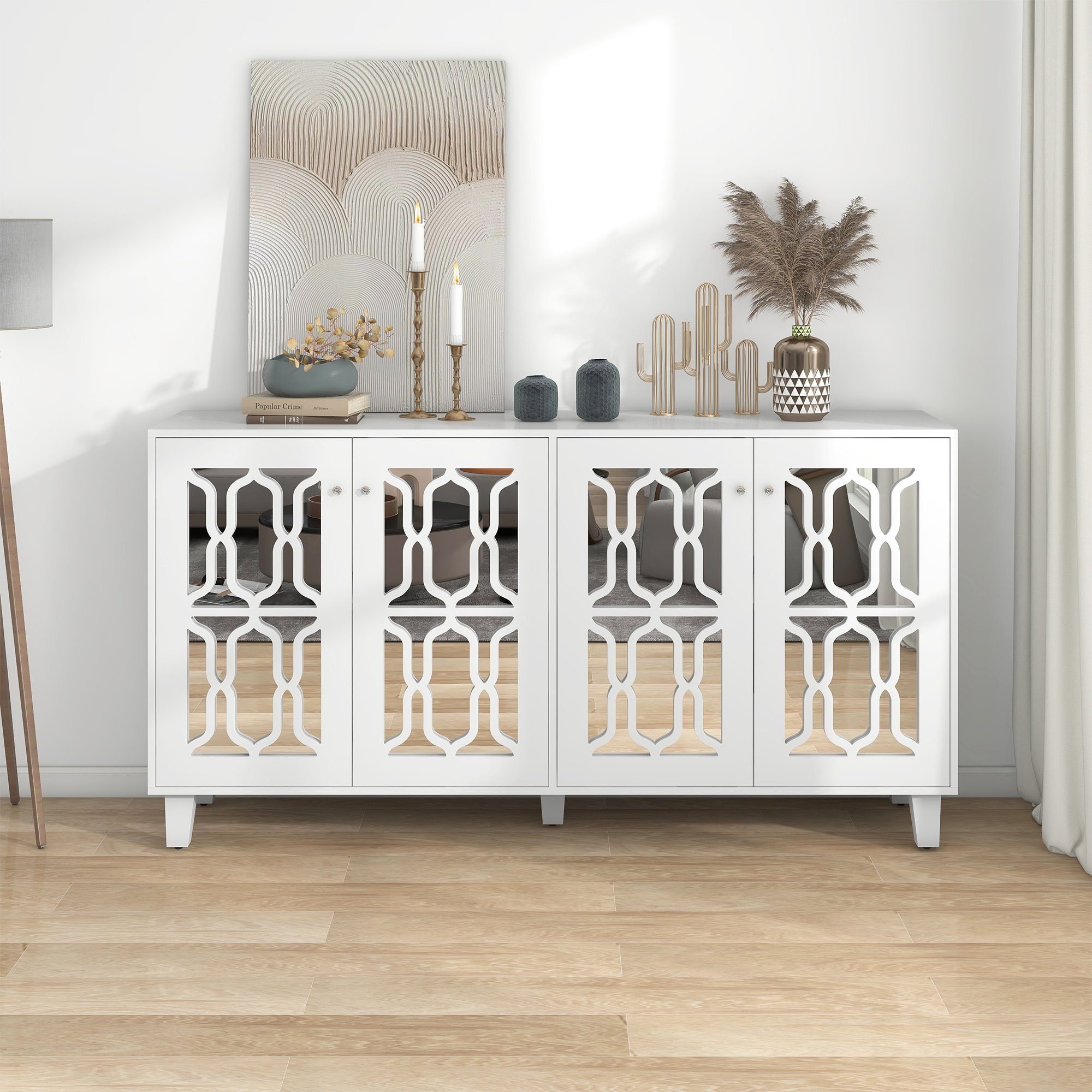 Flieks Sideboard (1 St), Schrank mit 4 Spiegeltür Anrichte Kommode Wohnzimmer Schlafzimmer Weiß