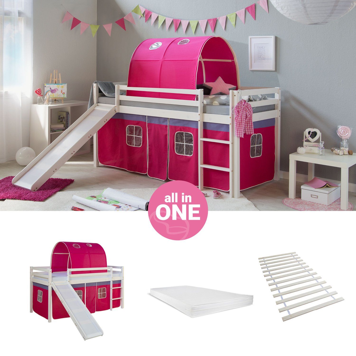 Homestyle4u Hochbett Kinderbett mit Matratze Rutsche Turm Pink Tunnel 90x200 cm