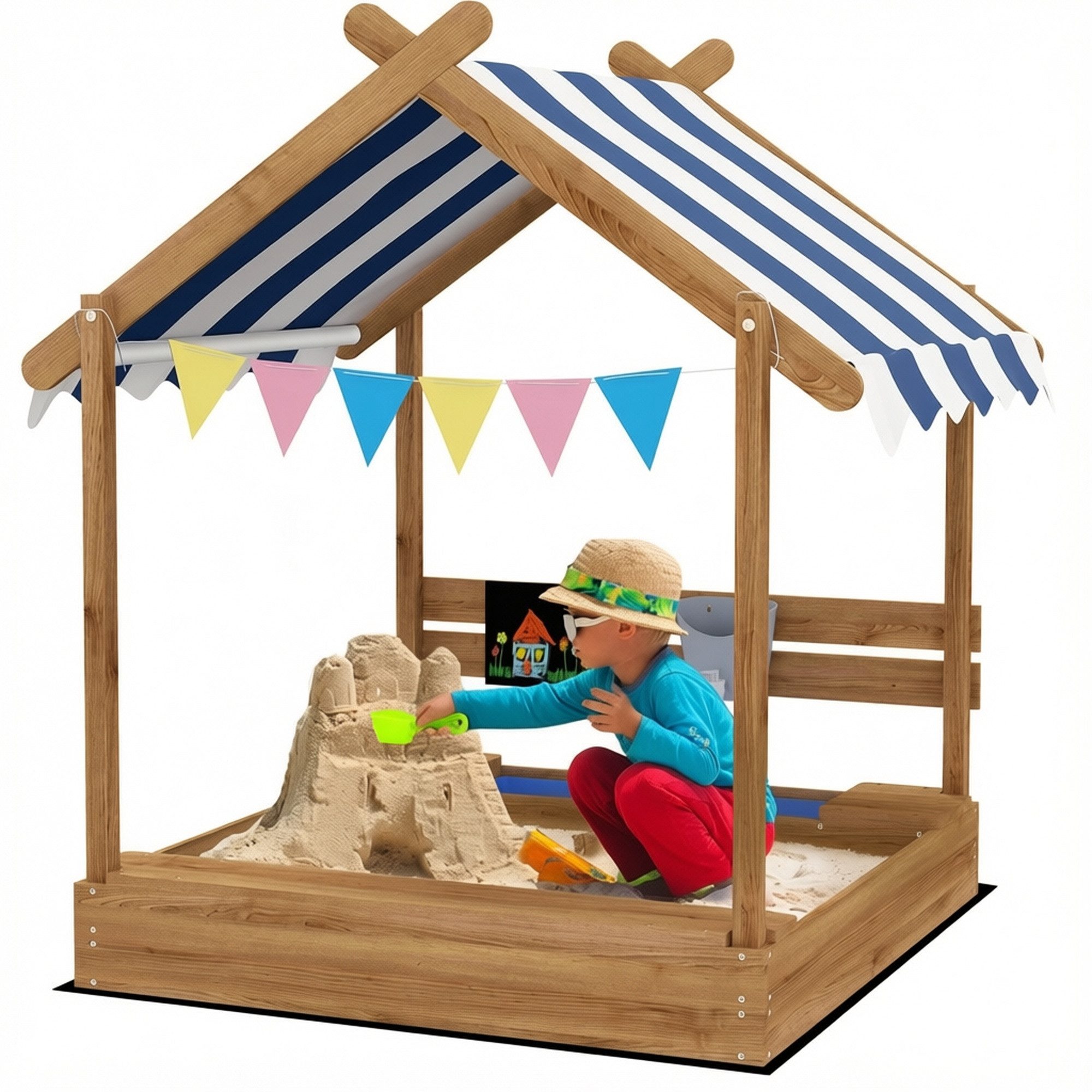 Outsunny Sandkasten Sandkiste mit Dach, aus Holz mit Sitzplatz, Garten, Braun, (Spielhaus, 1-tlg., Sandbox mit Tafel), für 3-7 Jahre Kinder, 124 x 116 x 146 cm
