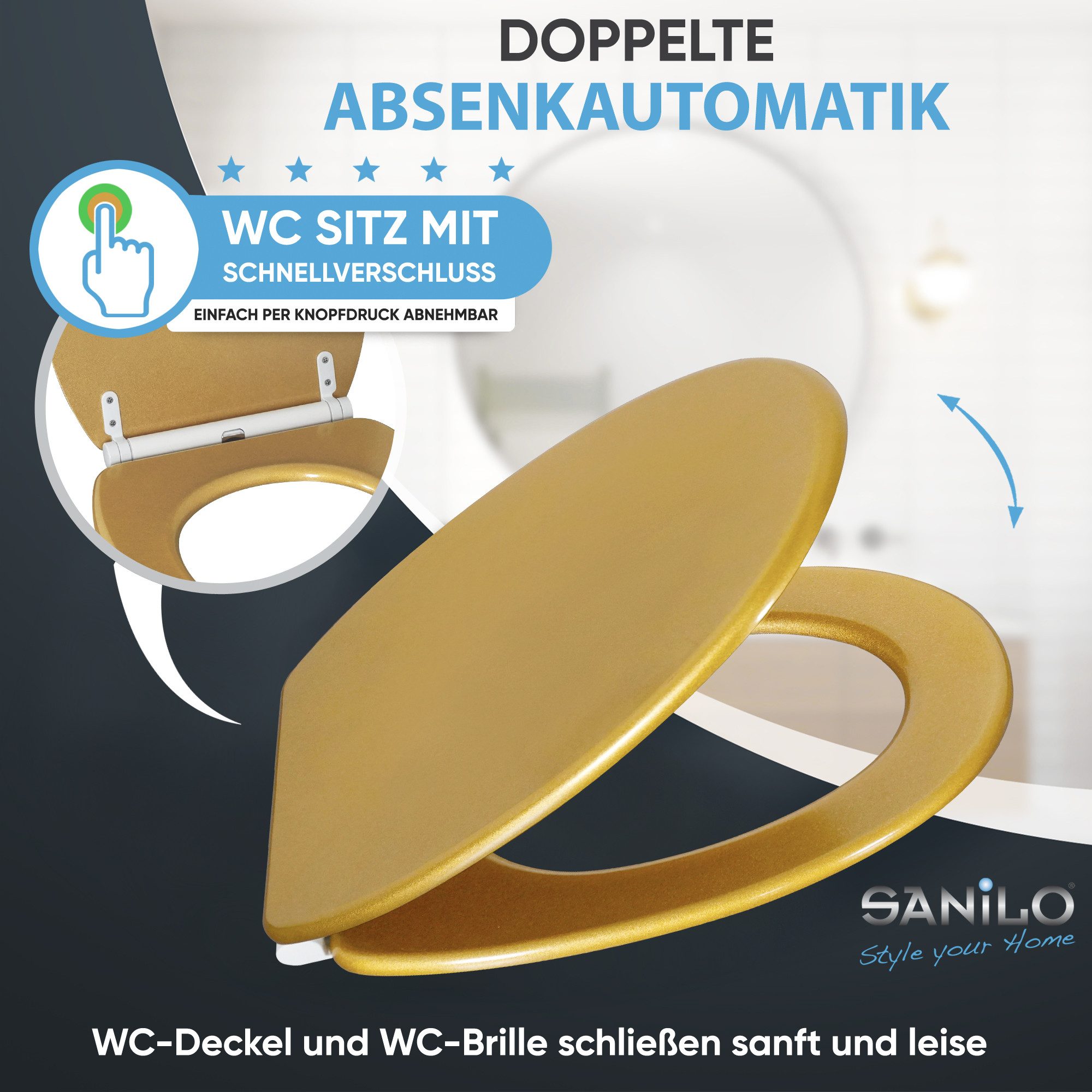 Sanilo WC-Sitz Glitzer mit Absenkautomatik & Quick Release, Premium Toilettendeckel, abnehmbar, leichte Montage von oben