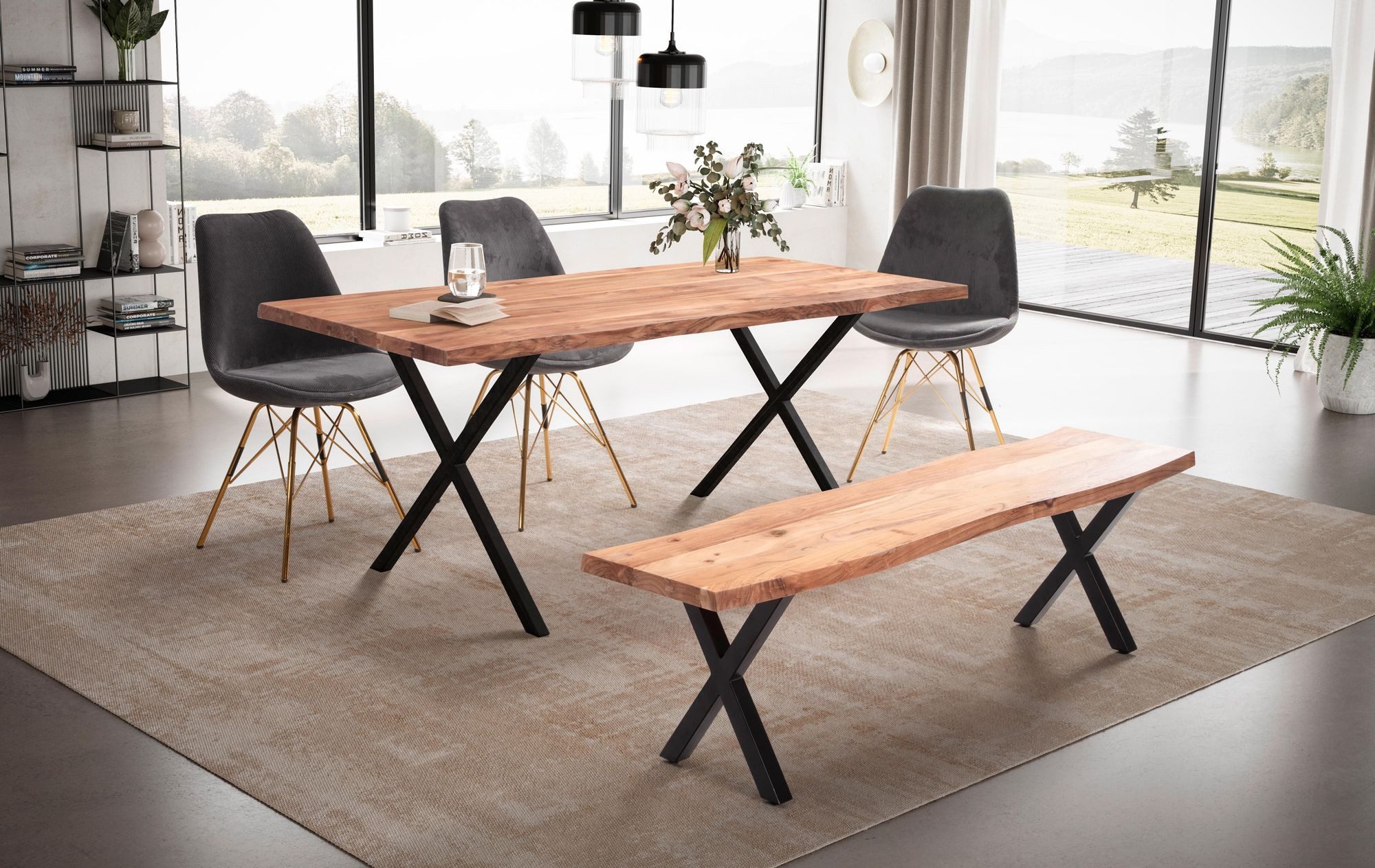Wohnling Esstisch WL7.254 Esszimmertisch 180 cm Akazie Massivholz Küchentisch Baumkante (180x90x76 cm Akazie Massivholz, Baumkante Modern), Esszimmertisch X-Beine, Holztisch Esszimmer
