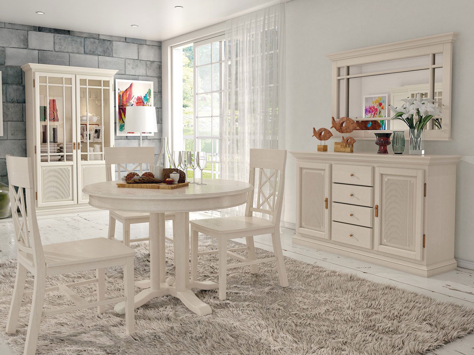 Casamia Esszimmer-Set Esszimmer Set 8-tlg. Duett Vitrine Sideboard Esstisch rund Pinie lipiz