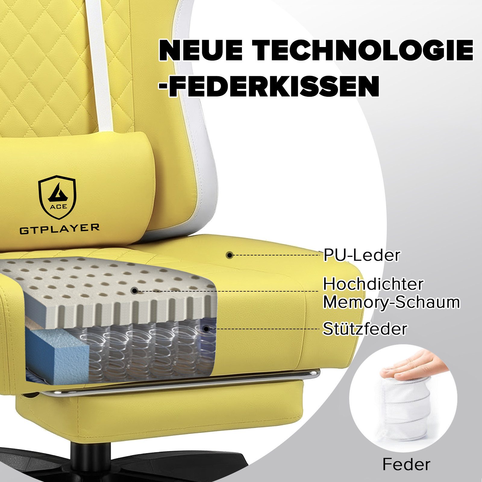 GTPLAYER Gaming-Stuhl Ergonomischer Gaming Sessel Schreibtischstuhl aus Stoff/Kunstleder (Pacekung), Federsitzkissen mit Fußstütze