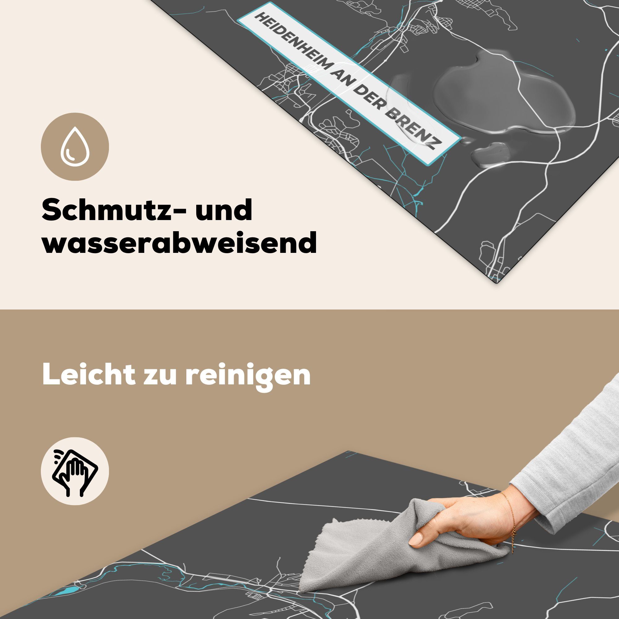 MuchoWow Herdblende-/Abdeckplatte - Karte Deutschland Heidenheim 78x78 cm, - Stadtplan tlg), - Ceranfeldabdeckung, der - Brenz (1 Vinyl, Arbeitsplatte an Blau, für küche