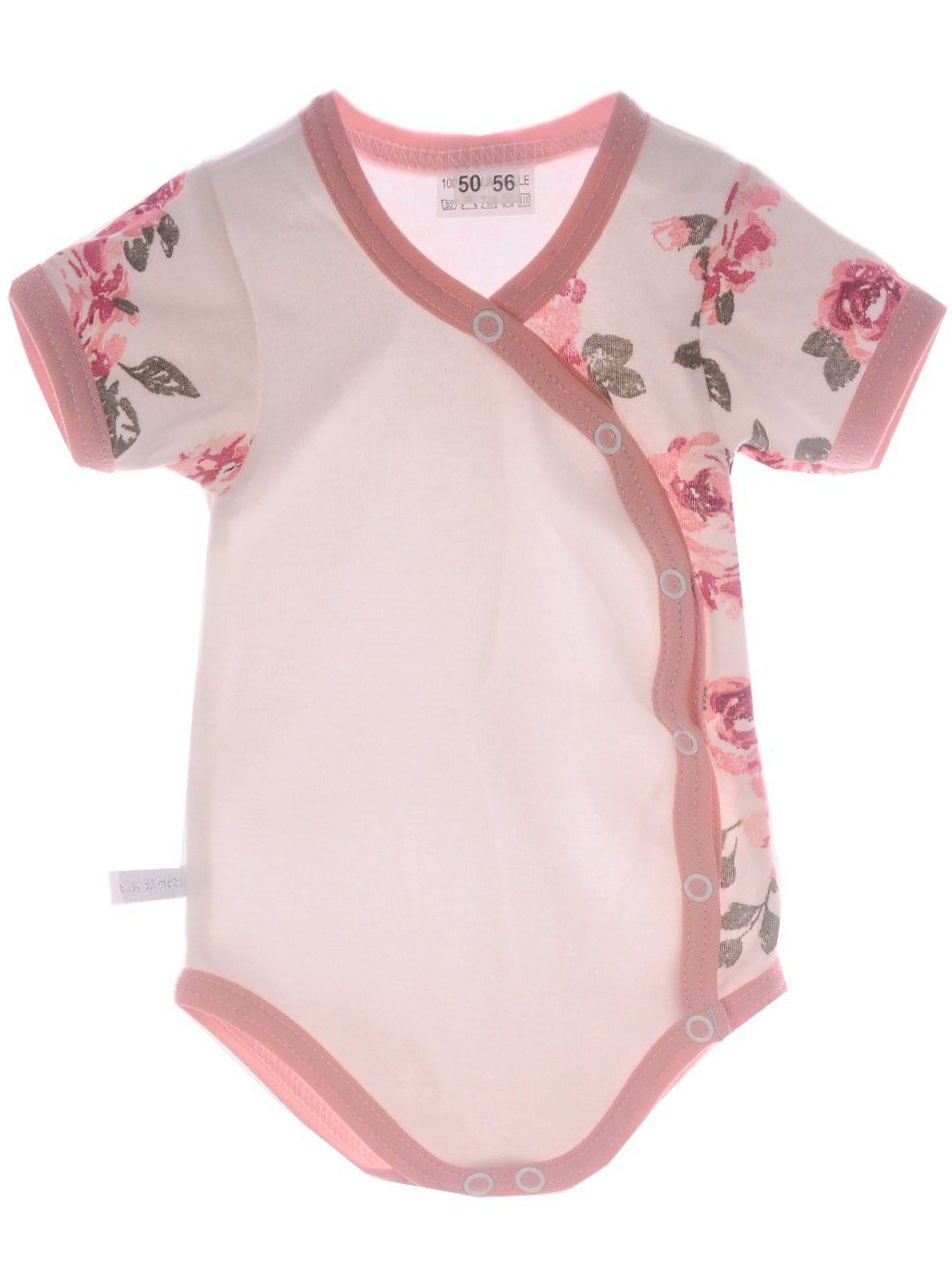 La Bortini Wickelbody Kurzarmbody für Baby Kinder in Creme mit Blumen (Erstlingsbody für Mädchen) aus reiner Baumwolle, 44 50 56 62 68 74 80 86 92 98 104