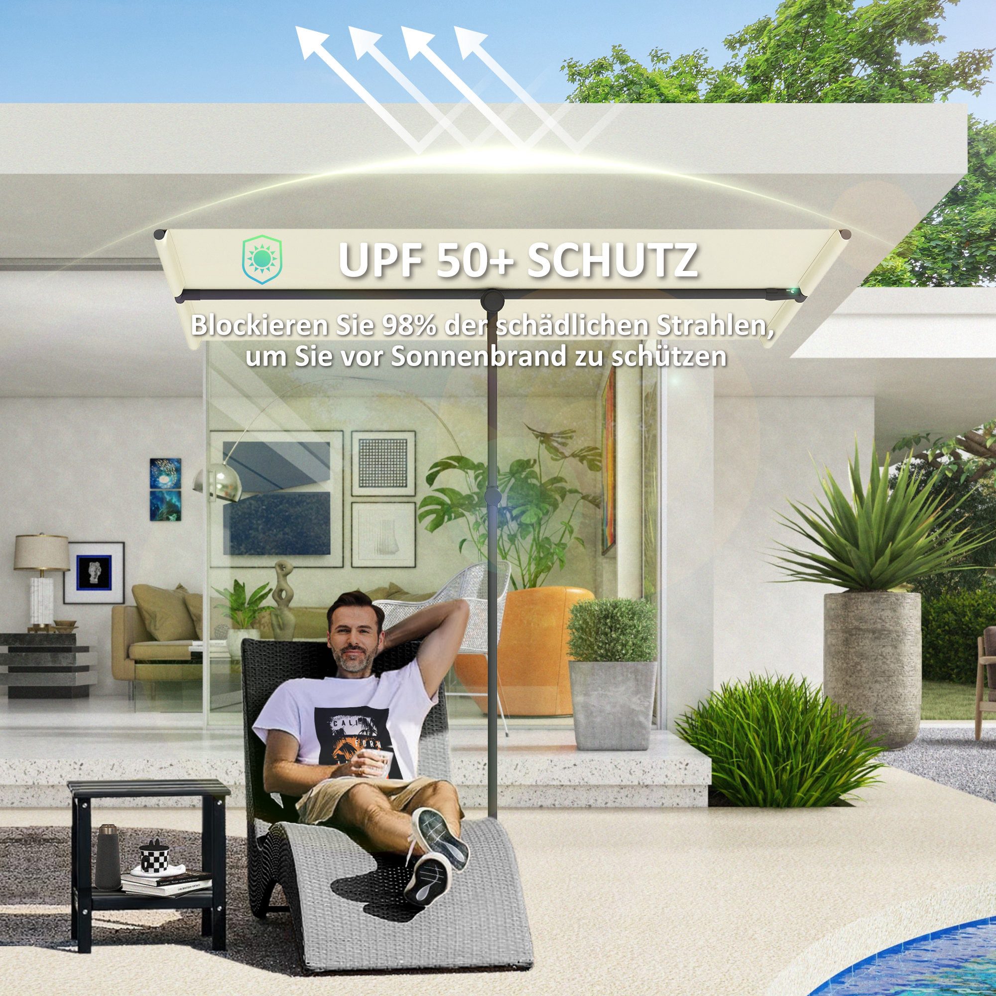 Outsunny Sonnenschirm 180 Grad drehbar, mit Aluminium-Mast, LxB: 205x150 cm, höhenverstellbar Gartenschirm, Marktschirm, für Balkon, 150x205cm Beige