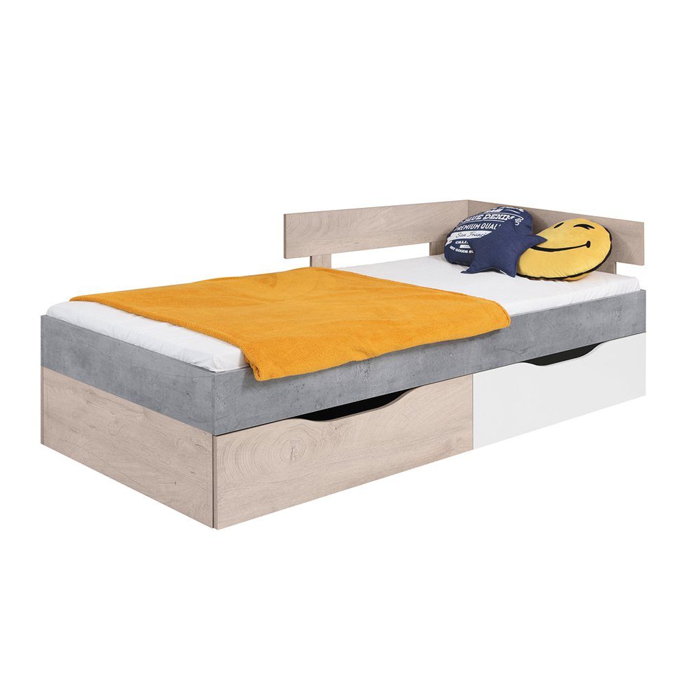 Lomadox Jugendbett SEATTLE-133, Jugendbett 90x200cm, Beton/Eiche/weiß, inkl. 2 Schubladen