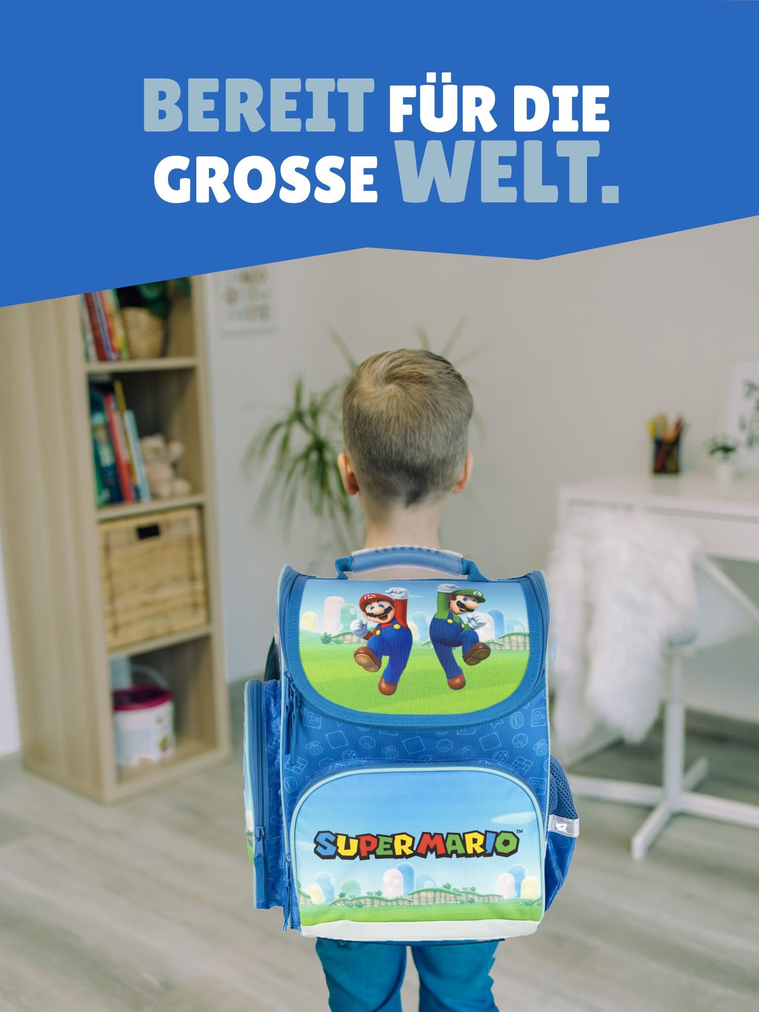 Familando Schulranzen Clou Super Mario Schultasche, blau, ab 1. Klasse (Grund-Set, 5-tlg., mit Federmappe, Schlamper, Turn- & Geldbeutel), kompakt, leicht, robust