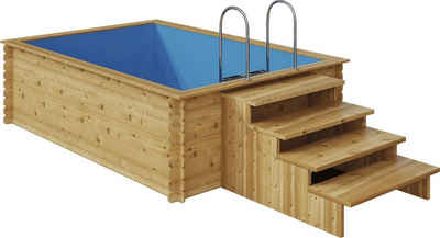 EDEN Holzmanufaktur Rechteckpool Fix&Fertig Fichtenholz Pool, inkl. blauem Einsatz, Dämmung, Einstiegstreppe & -Leiter, Wasserablauf