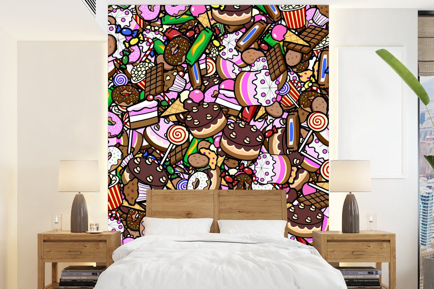 MuchoWow Fototapete Süßigkeiten - Design - Schokolade - Kuchen - Lutscher - Kinder, Matt, bedruckt, (4 St), Montagefertig Vinyl Tapete für Wohnzimmer, Wandtapete