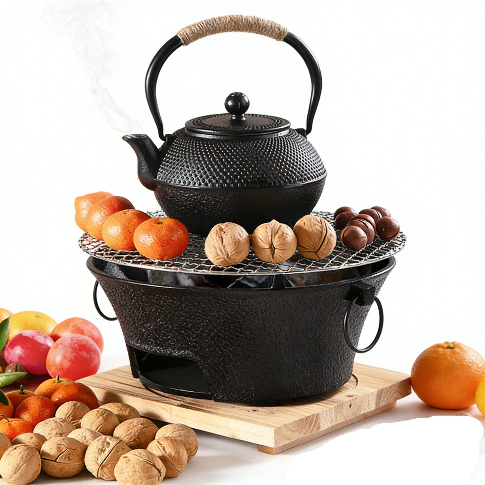 Insma Holzkohlegrill 23cm Gusseisen-Holzkohleofen Campinggrill tragbar mit Grillnetz, für Outdoor BBQ, Reiskuchen, Picknick
