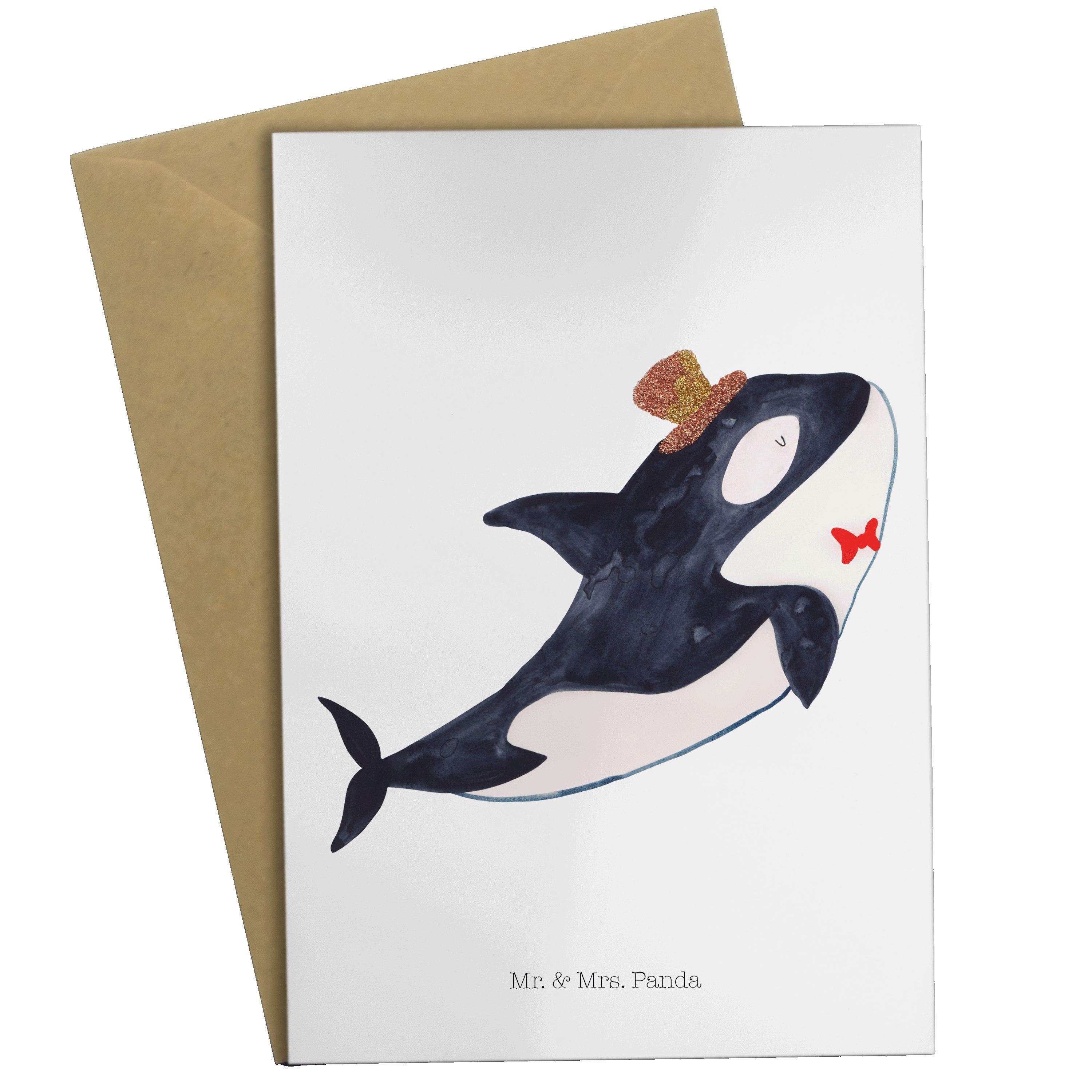 Mr. & Mrs. Panda Grußkarte Orca Zylinder - Weiß - Geschenk, Geburtstagskarte, Meerestiere, Fest