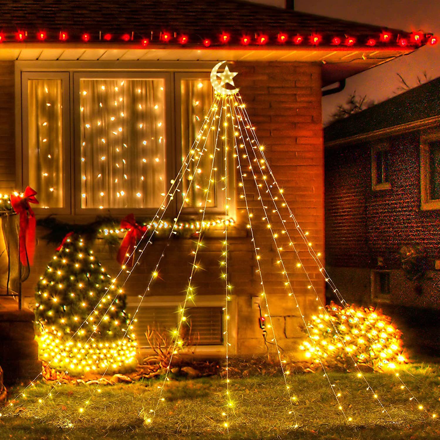 Sunicol LED-Baummantel 3.4M 8 Mond Garten, 350 Wasserfall 31V Modi, und Stern Warmweiß- mit Beleuchtung,Außen Weihnachtsbaum Party LED wasserdicht Energiesparen