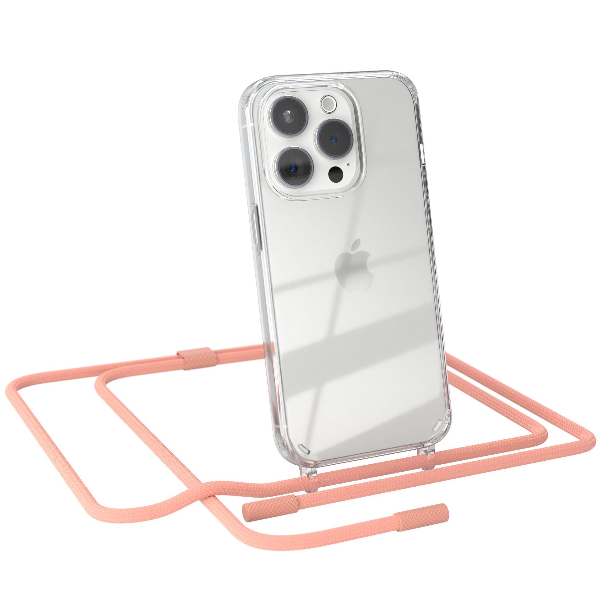 EAZY CASE Handykette Silikon Kette Unifarbe für Apple iPhone 15 Pro 6,1 Zoll, Hülle mit Band 2in1 Handyband Etui Case mit Kordel Altrosa Koralle
