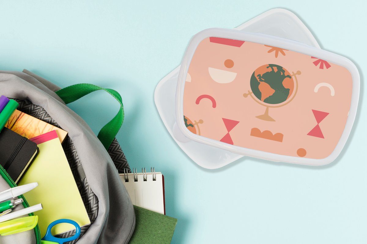 Rosa Brotdose, Weltkugel - Lunchbox MuchoWow und Mädchen weiß Kinder Brotbox für Abstrakt, (2-tlg), Jungs Erwachsene, Kunststoff, - für und