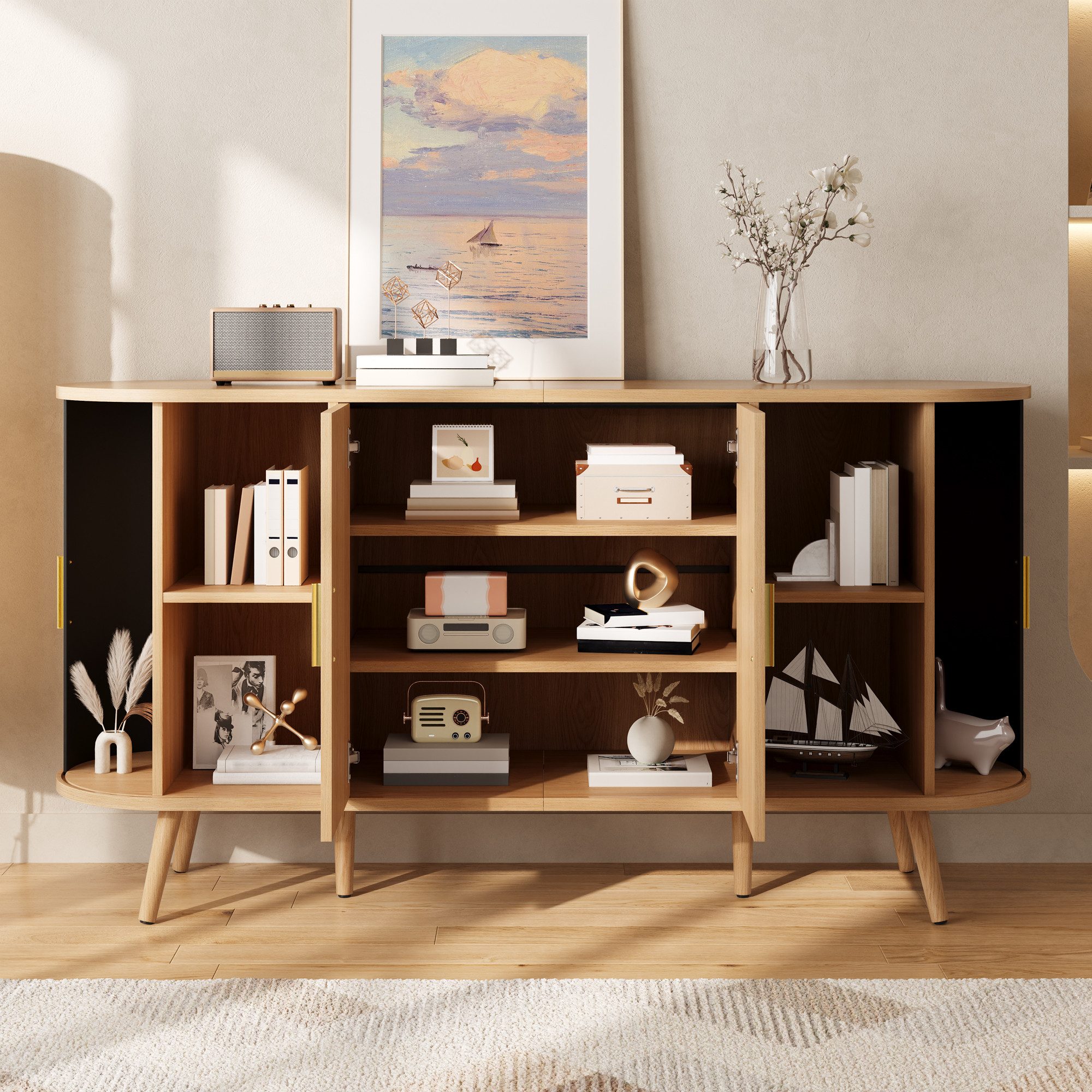 Merax Sideboard mit vertikaler Rillenstruktur und gebogenem Design (150 L x 40 B x 79 H cm, 1 St., Wohnzimmerschrank Aufbewahrungsbuffet Esszimmerschrank), Kommde mit Schiebetüren, Metallgriffen, Massivholzfüßen & Stauraum