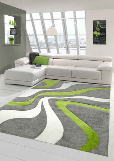 Teppich Designer Teppich Moderner Teppich Wohnzimmer Teppich Kurzflor Teppich mit Konturenschnitt Wellenmuster Grün Grau Weiss, Teppich-Traum, rechteckig, Höhe: 13 mm