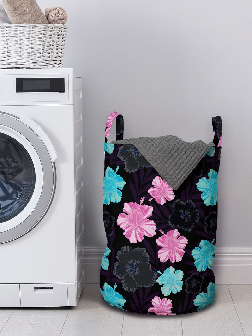 Abakuhaus Wäschesäckchen Wäschekorb mit Griffen Waschsalons, Hibiscus für Tropisch auf Kordelzugverschluss dunklem Bunte