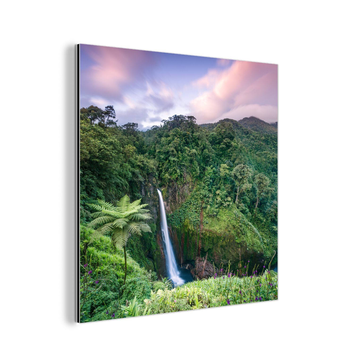 MuchoWow Metallbild Wasserfall - Sonnenuntergang - Dschungel, (1 St), Alu-Dibond-Druck, Gemälde aus Metall, Aluminium deko