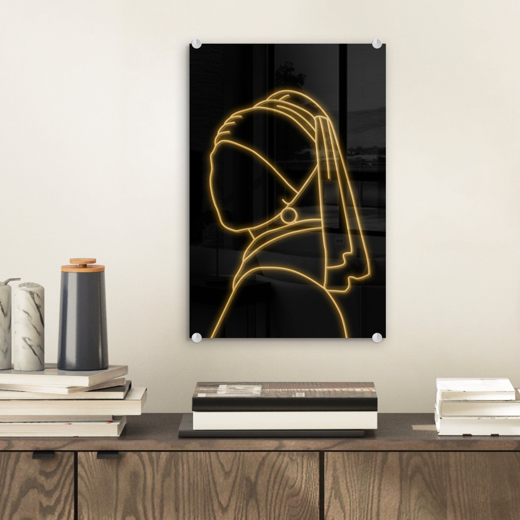 (1 St), auf Vermeer Perlenohrring Glasbilder - Glas MuchoWow - einem Glas mit Wanddekoration Acrylglasbild Wandbild Mädchen auf Johannes Gold, - Foto - Bilder -