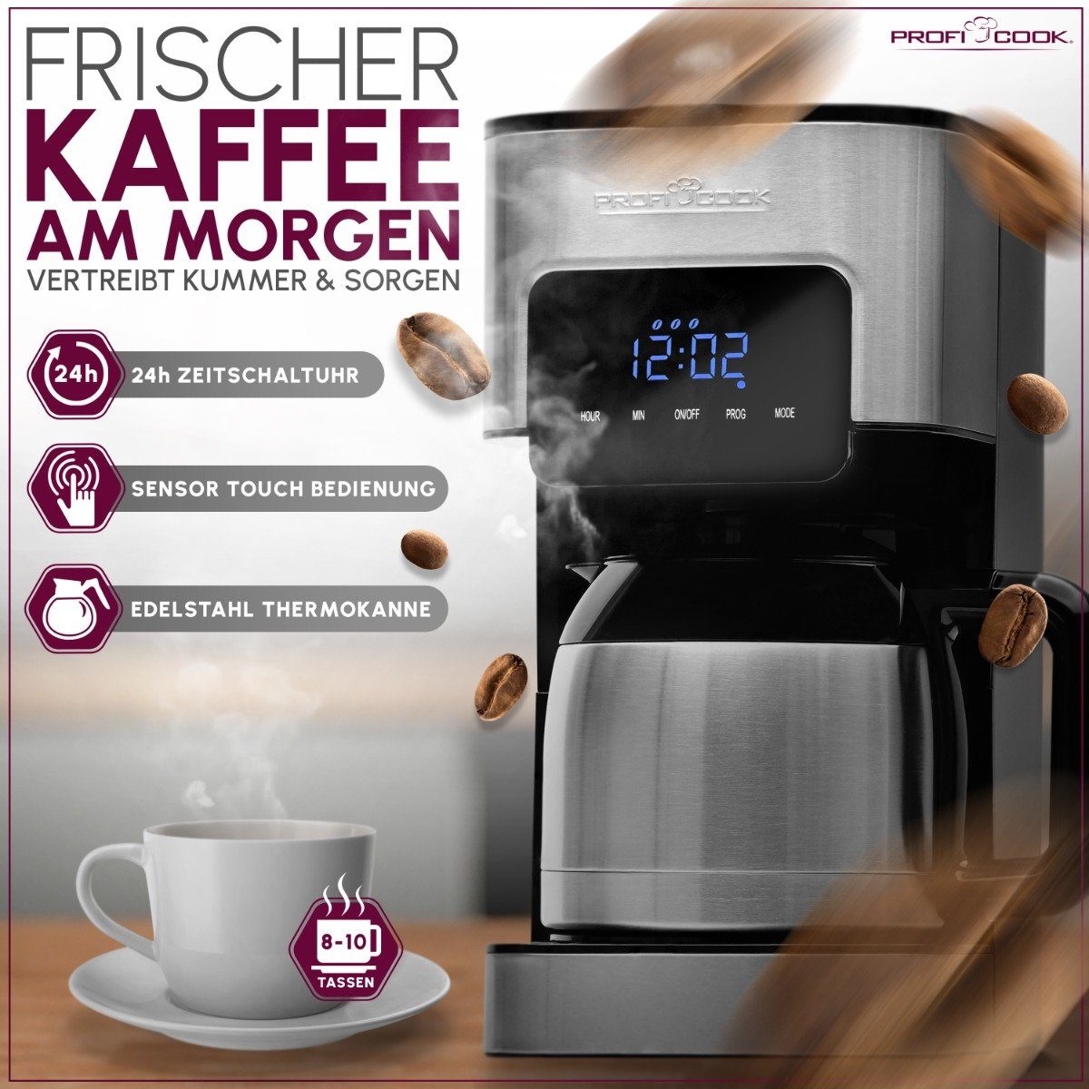 ProfiCook Filterkaffeemaschine PC-KA 1191, Kaffeemaschine mit Thermoskanne und Zeitschaltuhr
