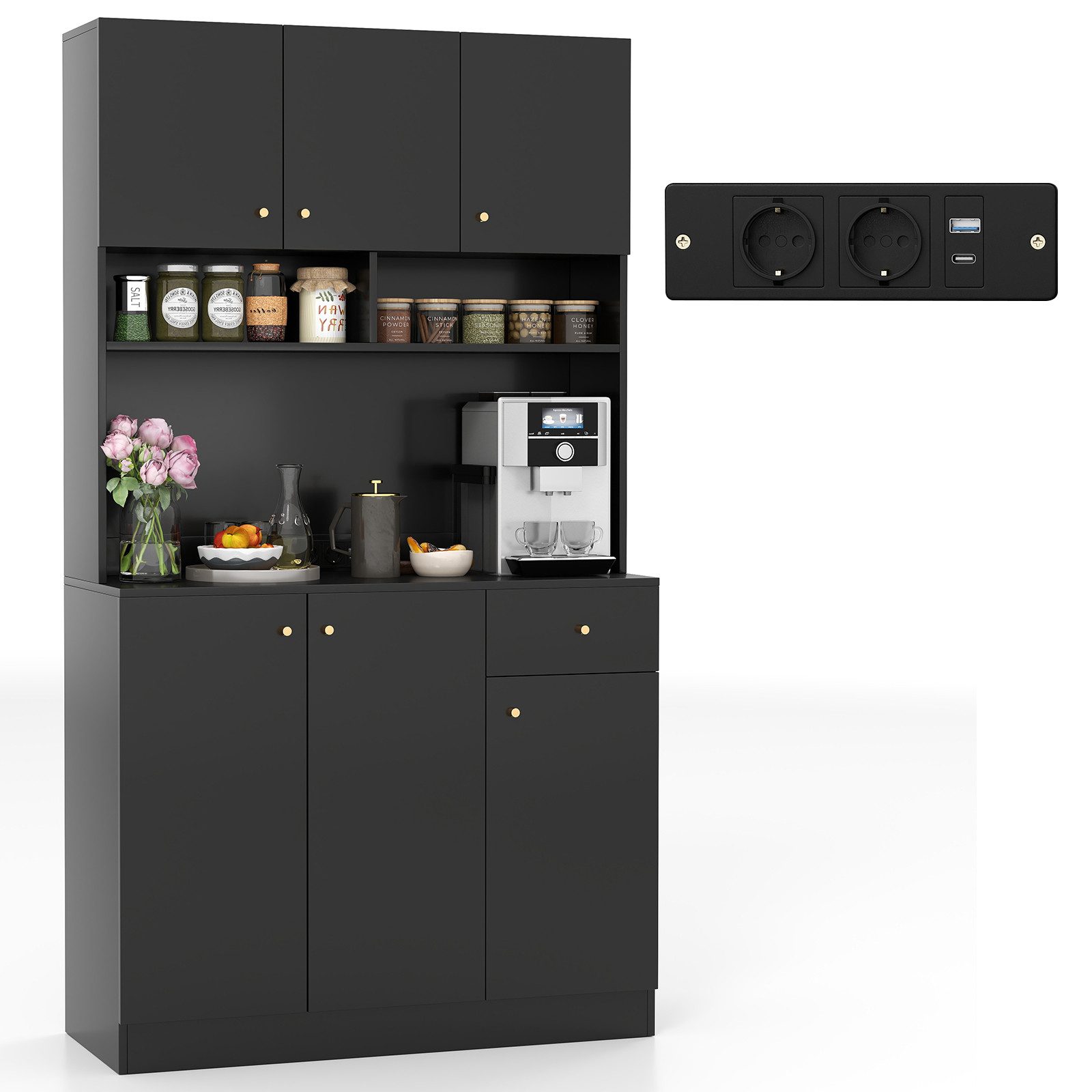 COSTWAY Küchenbuffet Küchenschrank mit Steckdosen, Arbeitsplatte, 180cm weiß