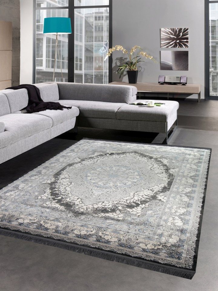 Wollteppich Teppich Luxus Designerteppich Wollteppich grau blau, Carpetia,  rechteckig, Höhe: 7 mm, Maschinengewebt