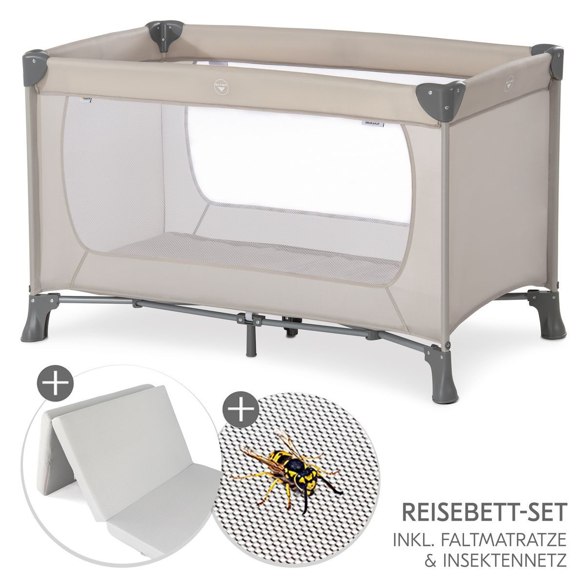 Hauck Baby-Reisebett Dream N Play - Beige, Kinder Babyreisebett mit Matratze, Insektenschutz & Tasche - faltbar