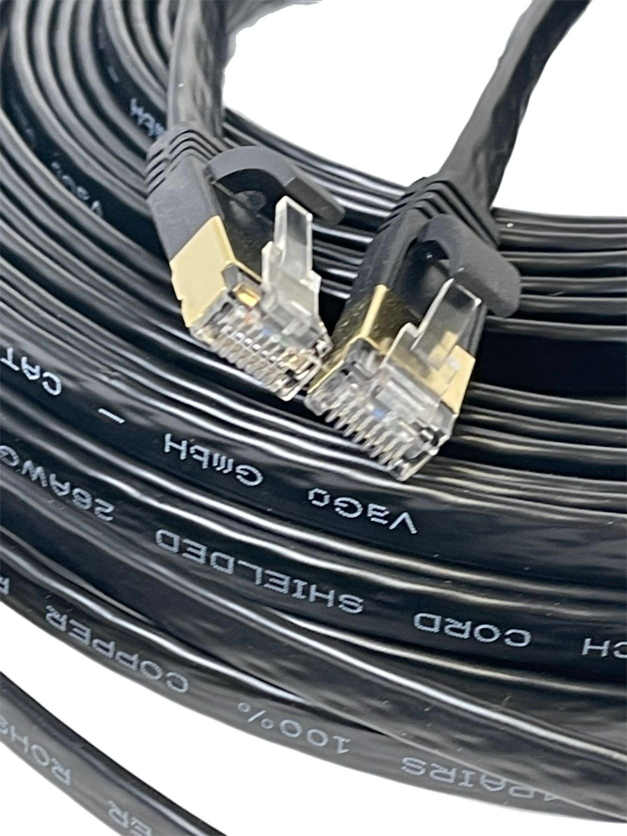 VaGo-Tools CAT7 Patchkabel Netzwerkkabel schwarz 30m flach LAN-Kabel, RJ45, RJ45
