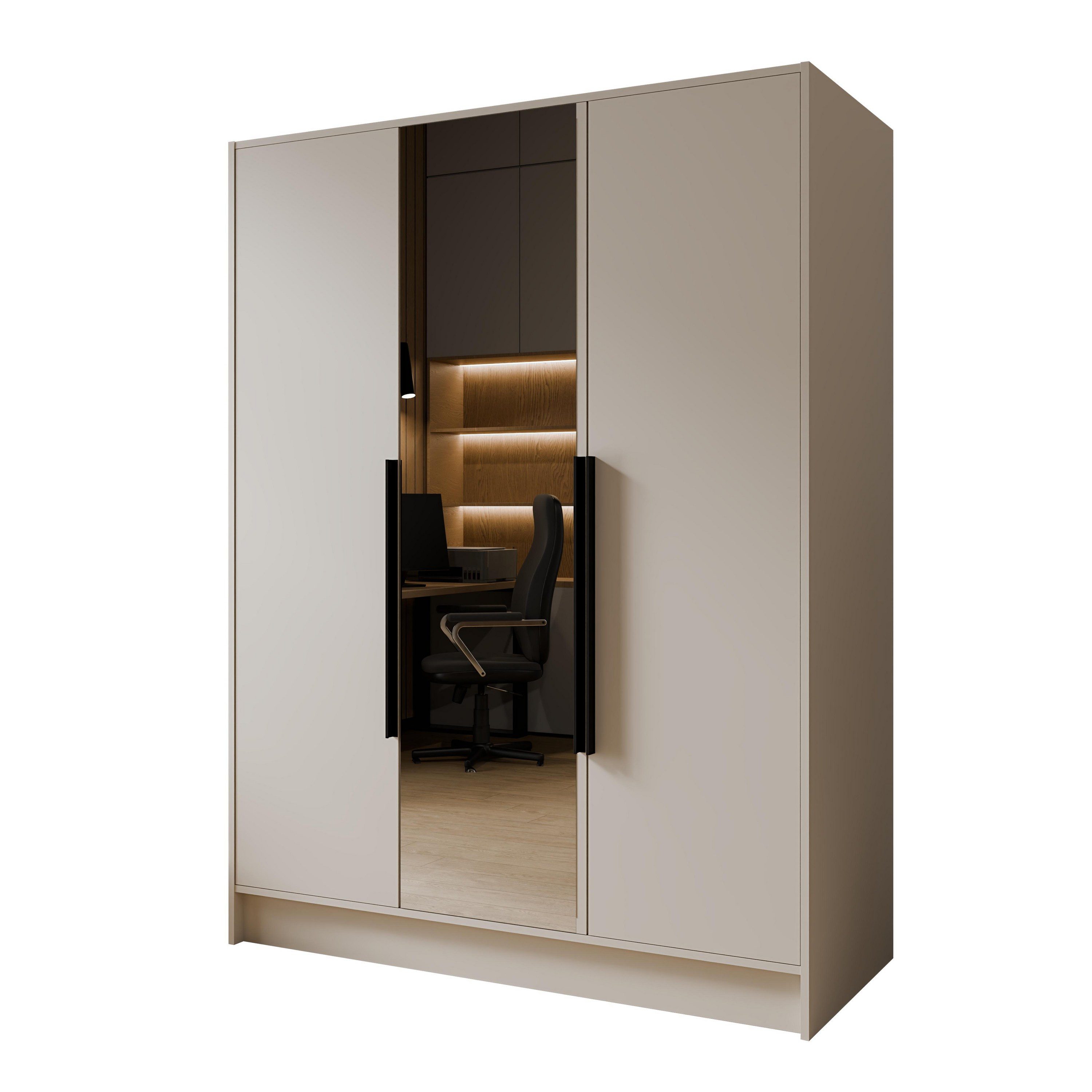 Masseno Drehtürenschrank RENVO 150 cm Kleiderschrank mit Spiegel 3 Türen Kaschmir